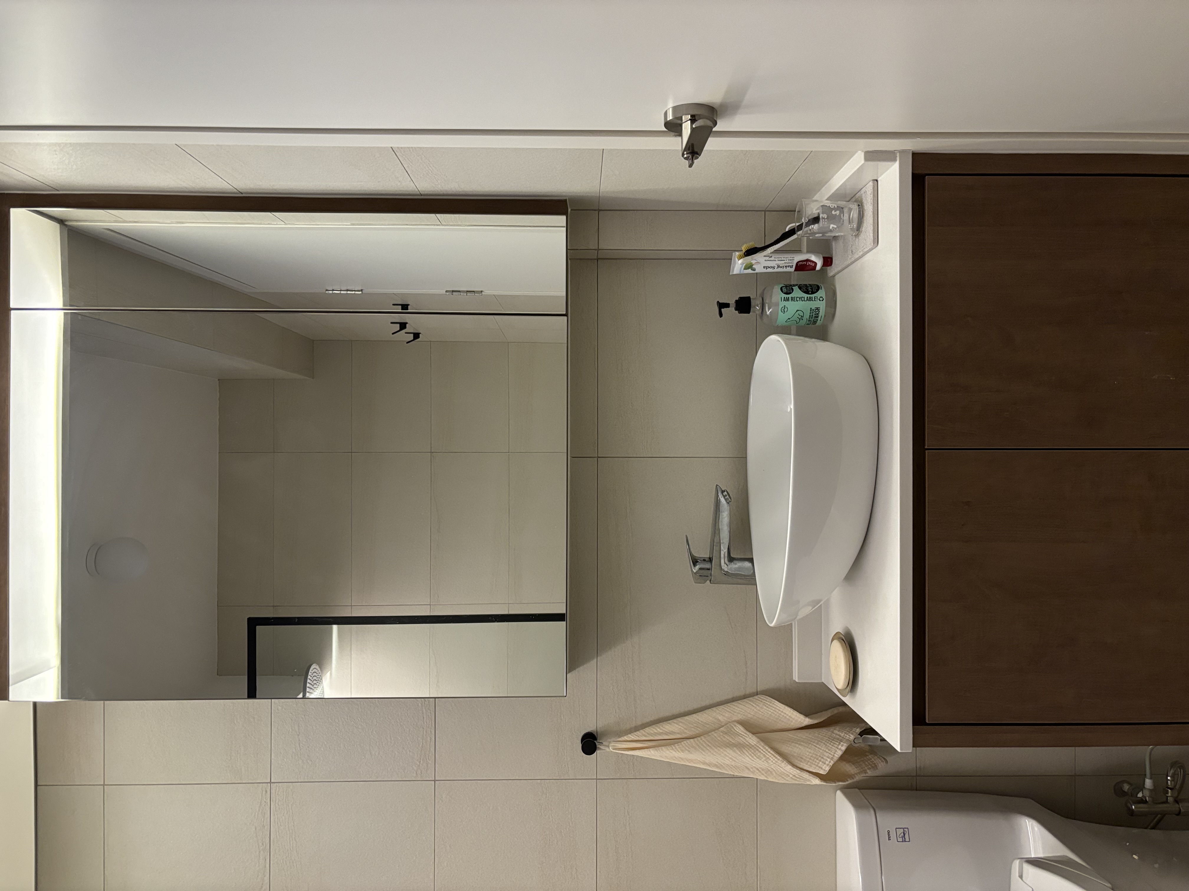 A Simple Mid-Century Modern 4-Rm BTO under $60k - White bathroom sink, mirror reflection, beige tiles, modern design, white