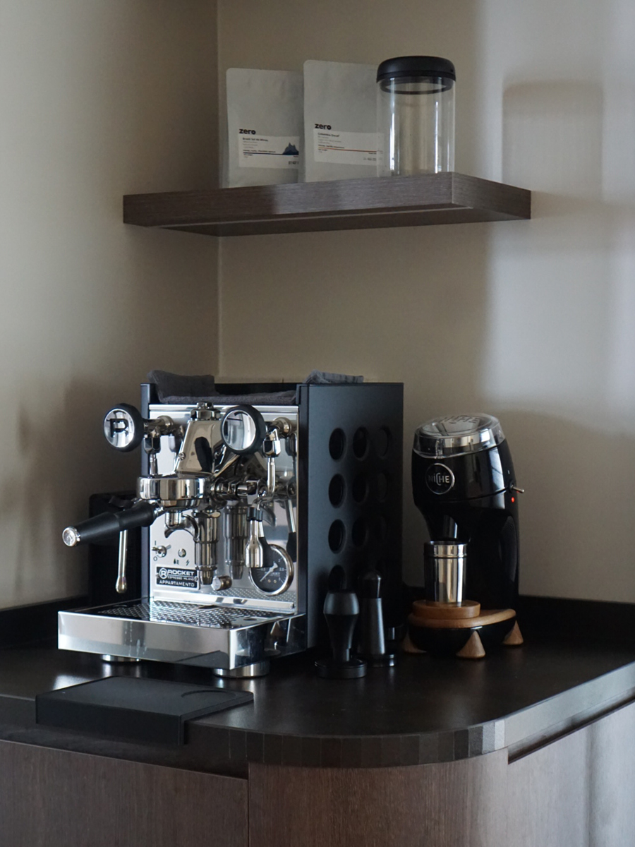 An Architectural Designer's Home Experiment: 5 Room BTO in the East - Modern kitchen setup, espresso machine, black and