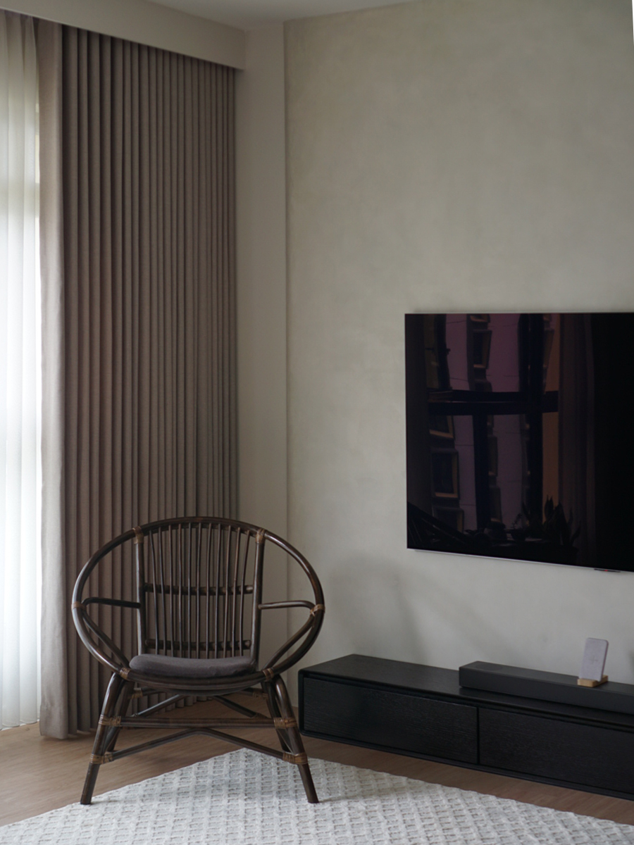 An Architectural Designer's Home Experiment: 5 Room BTO in the East - Woven armchair, minimalist decor, large window, beige
