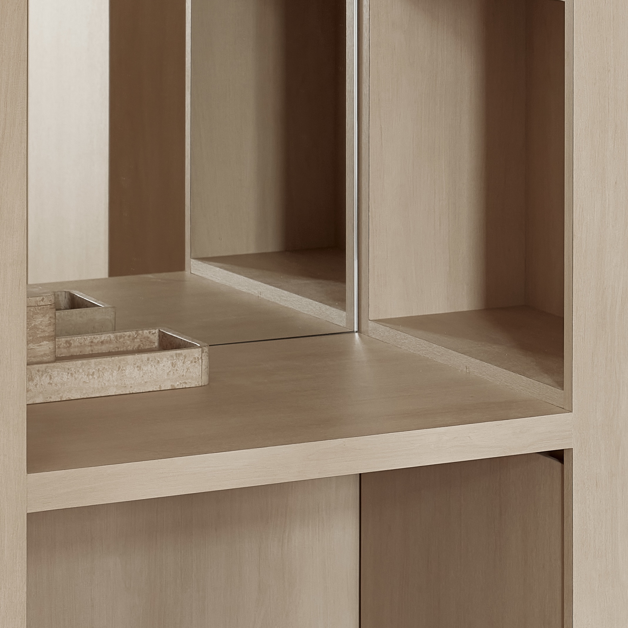 Vanity Area: The Unexpected Daily Essential - Wooden shelf, minimalist design, light beige finish, modern aesthetic, open