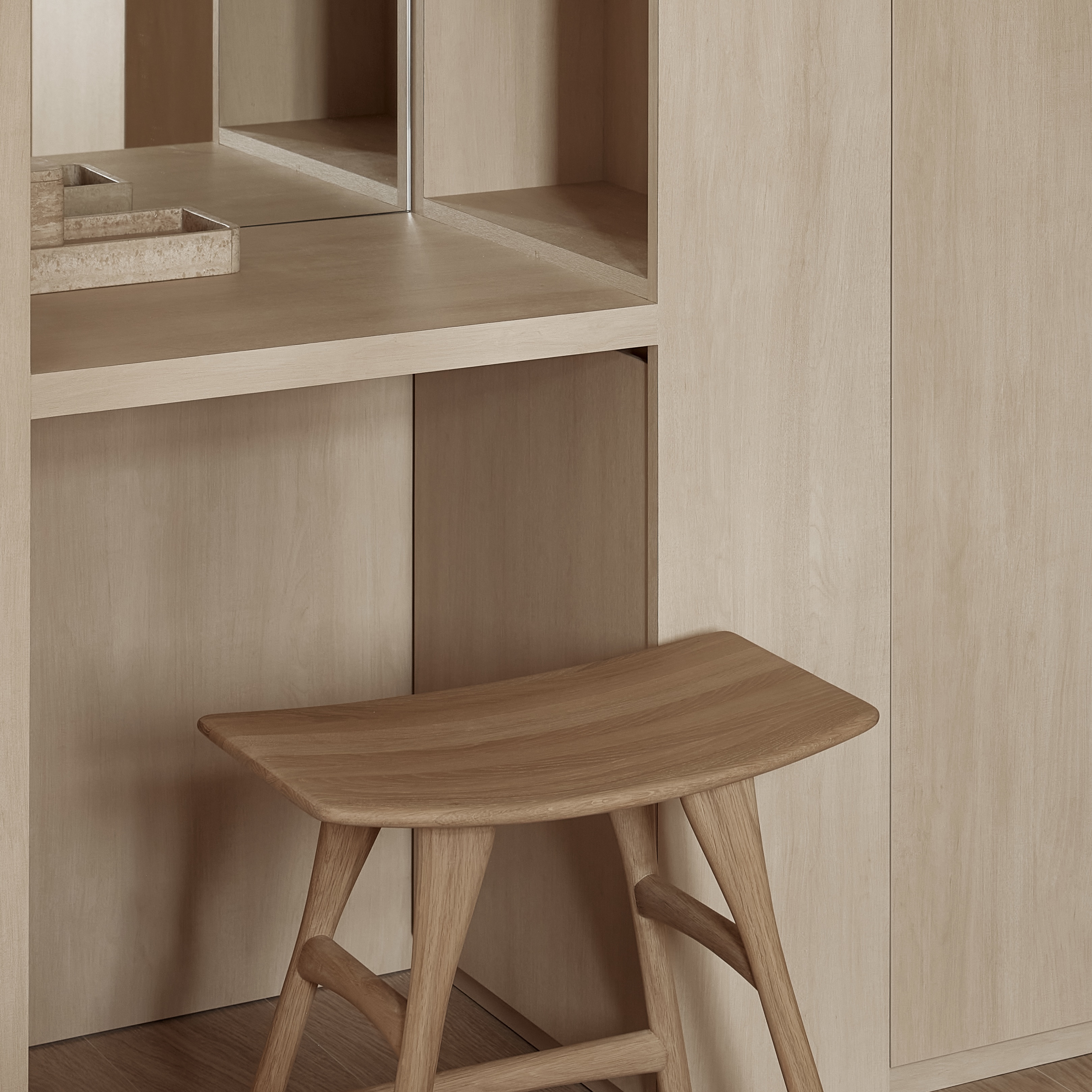 Vanity Area: The Unexpected Daily Essential - Wooden stool, minimalist design, natural wood finish, light beige color, simple