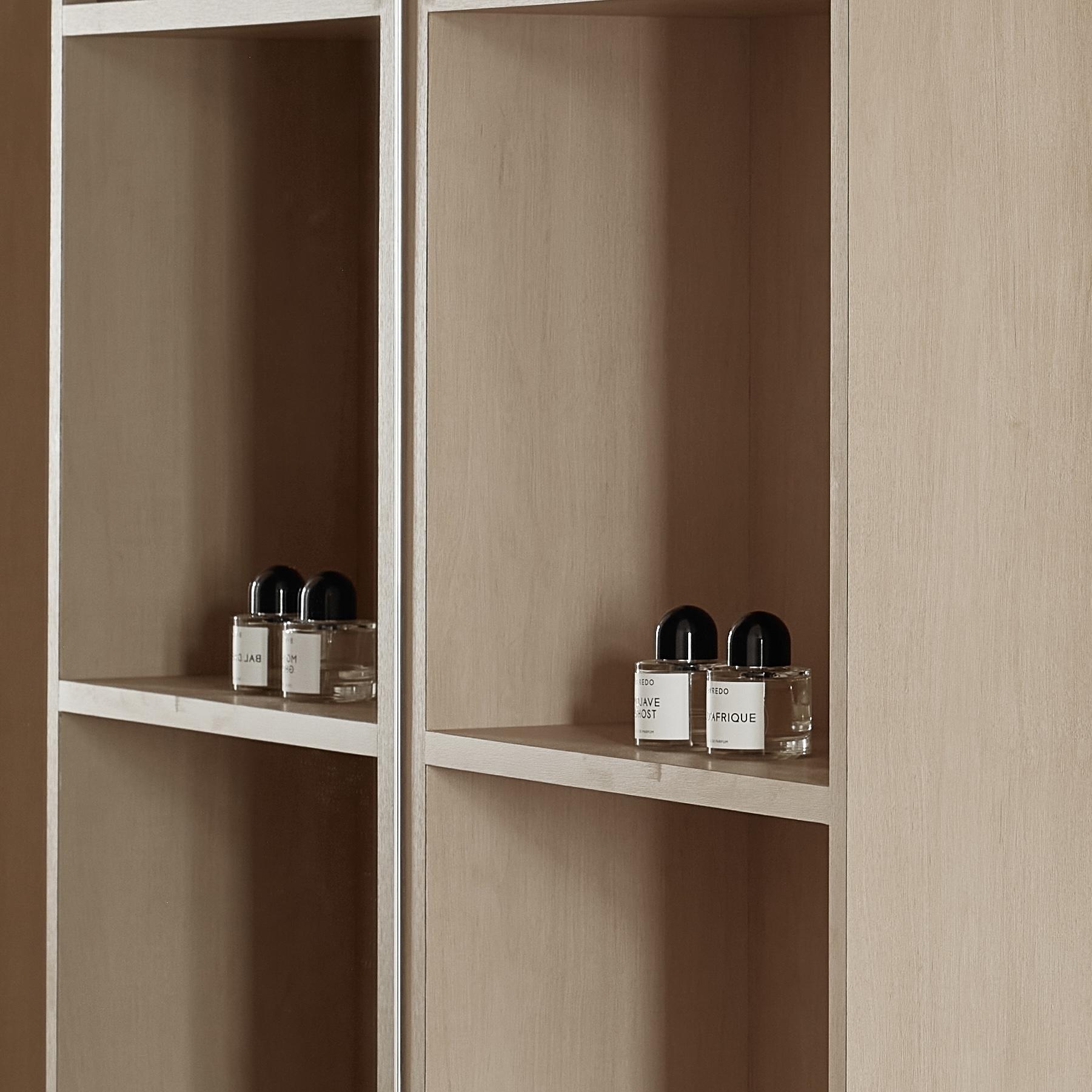 Vanity Area: The Unexpected Daily Essential - Wooden shelves, minimalist design, empty compartments, sleek presentation