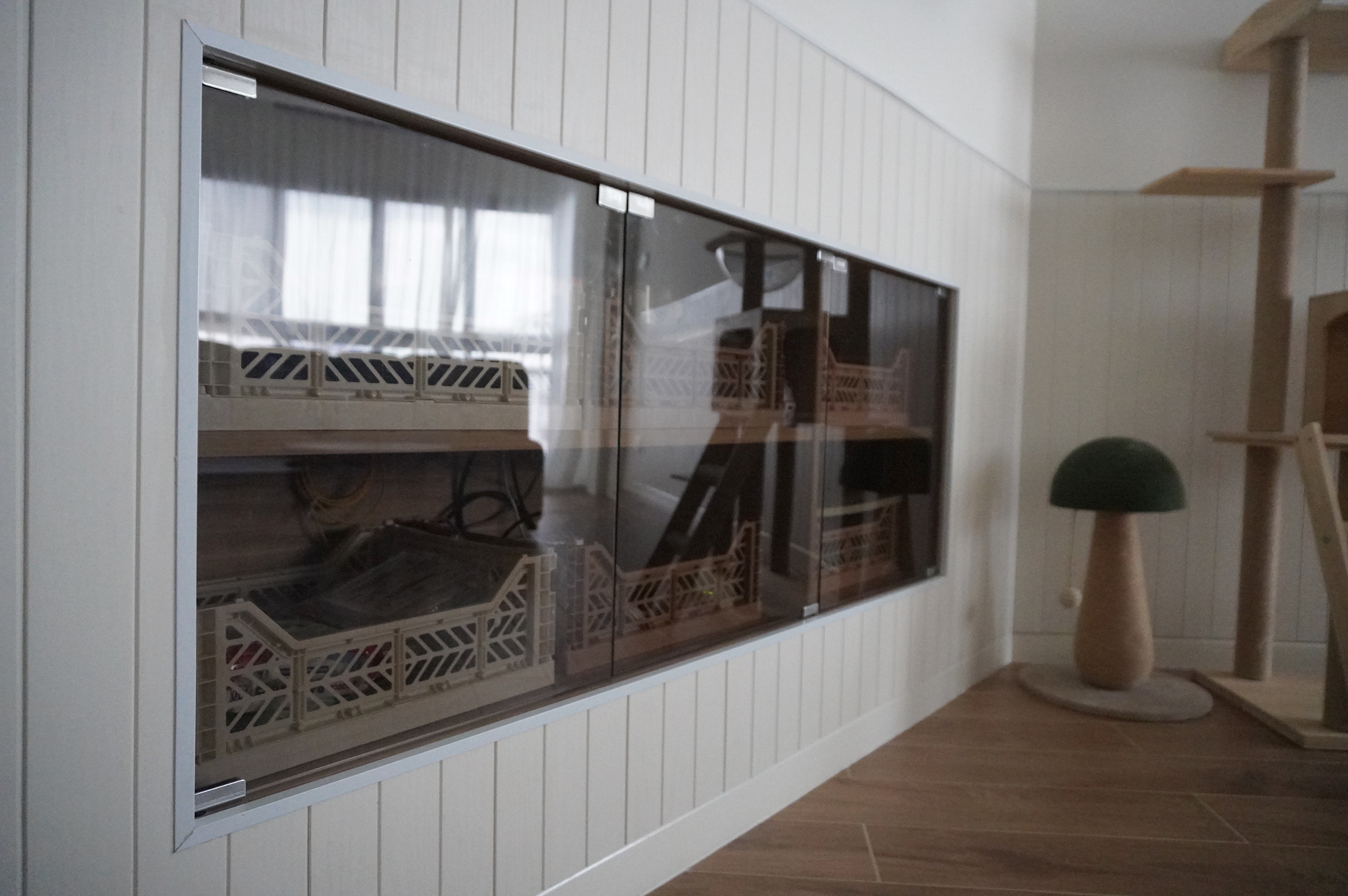 From Barn Door to Panels: Inside Our Modern Farmhouse Living Room - Glass-fronted cabinet, white paneled wall, wooden floor