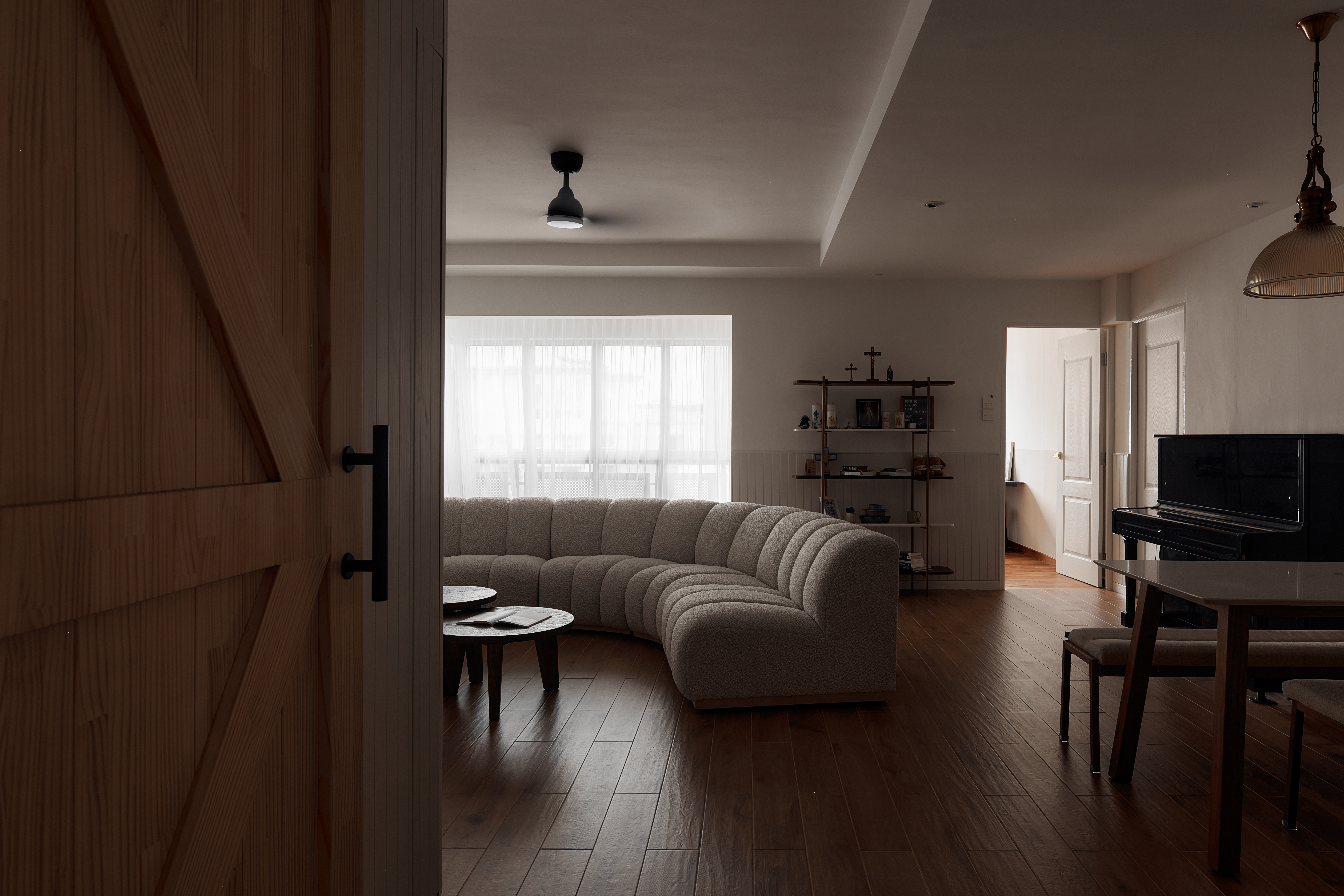 From Barn Door to Panels: Inside Our Modern Farmhouse Living Room - Wooden door, interior view, modern living room, beige