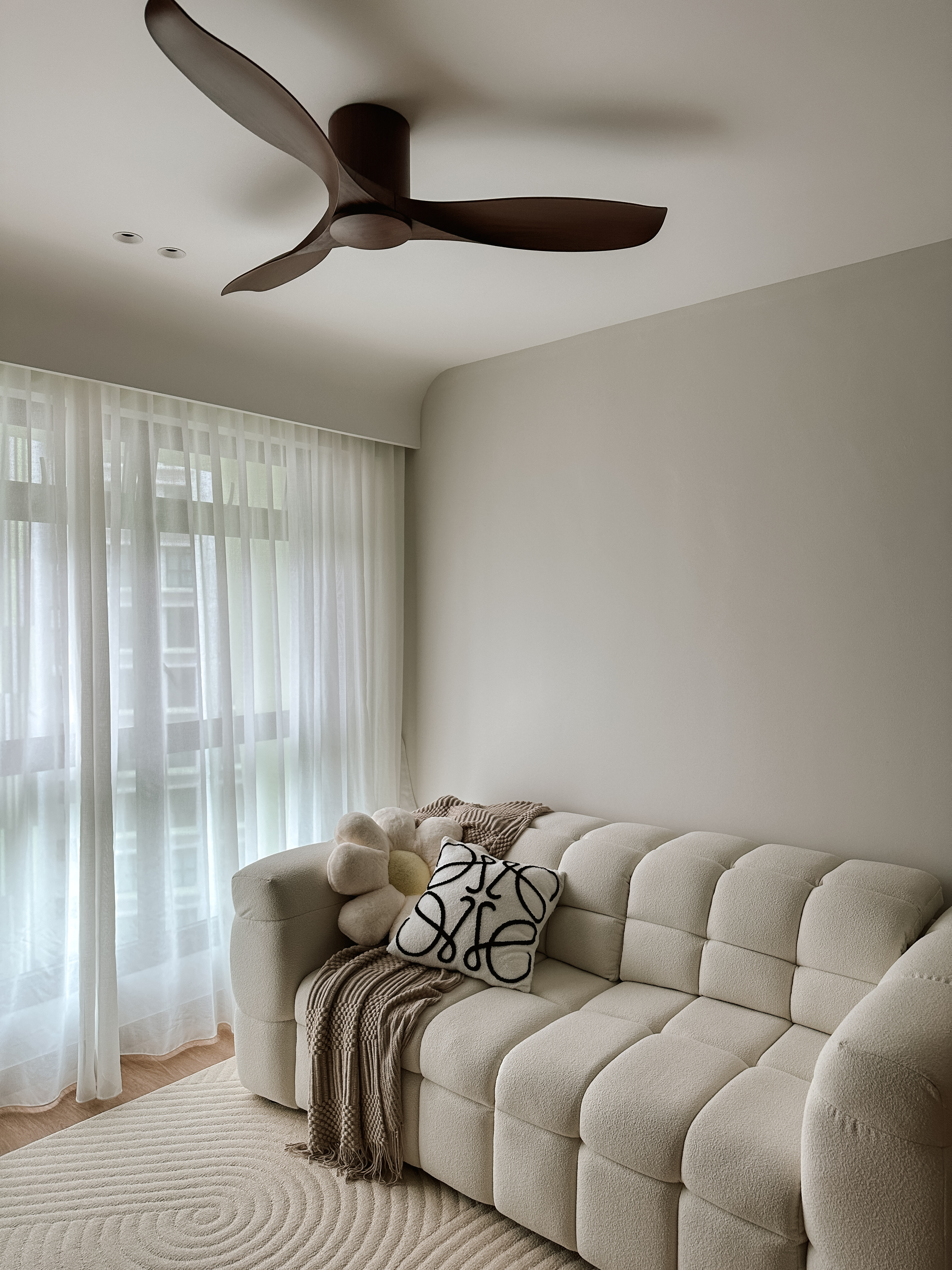 Our Cosy Living Room: No Built-Ins and 90% Taobao Furniture - Cream tufted sofa, modern ceiling fan, sheer white curtains