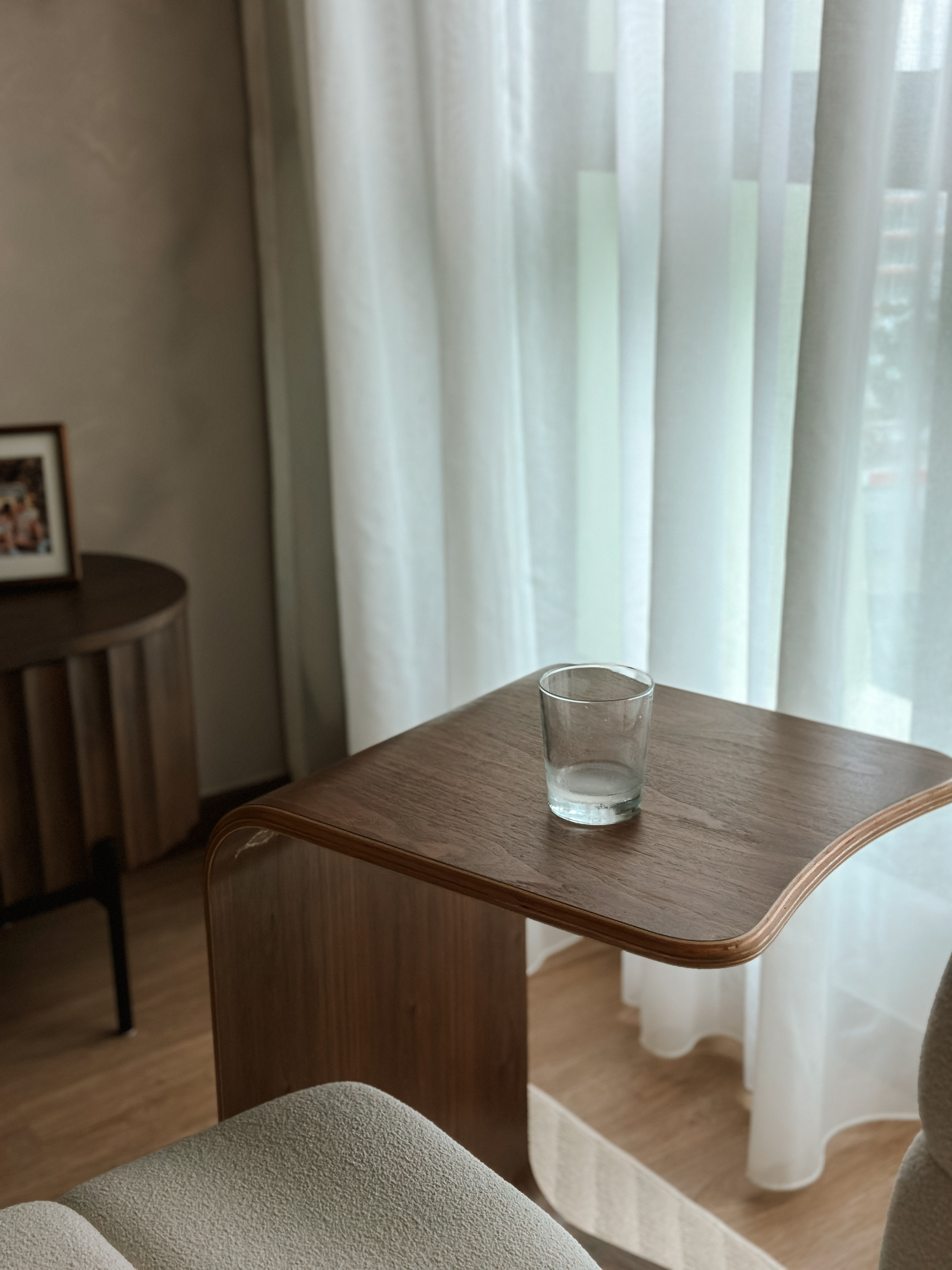 Our Cosy Living Room: No Built-Ins and 90% Taobao Furniture - Wooden side table, clear glass, indoor setting, natural light