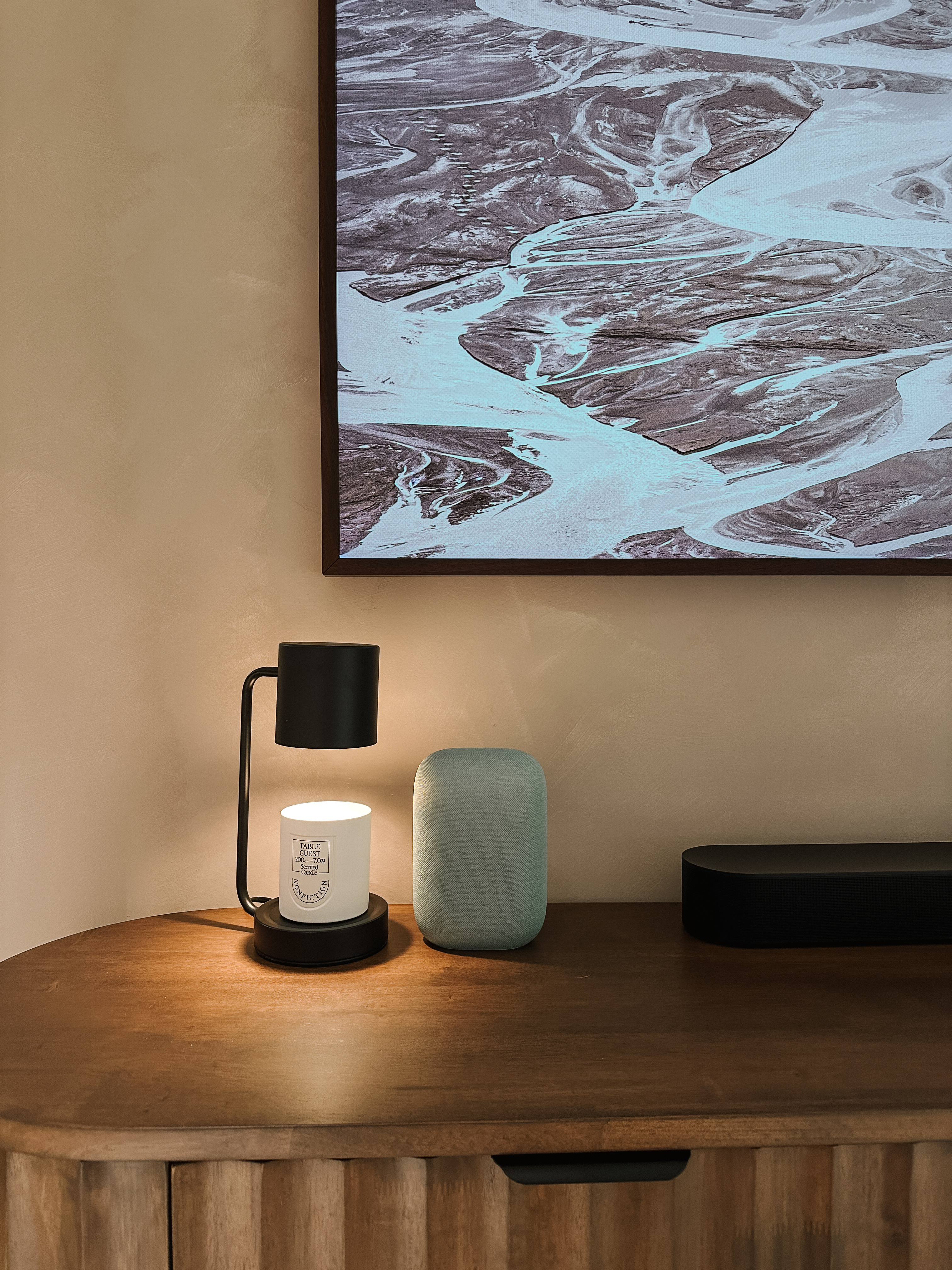 Our Cosy Living Room: No Built-Ins and 90% Taobao Furniture - Table lamp with black shade, white candle, teal speaker, modern