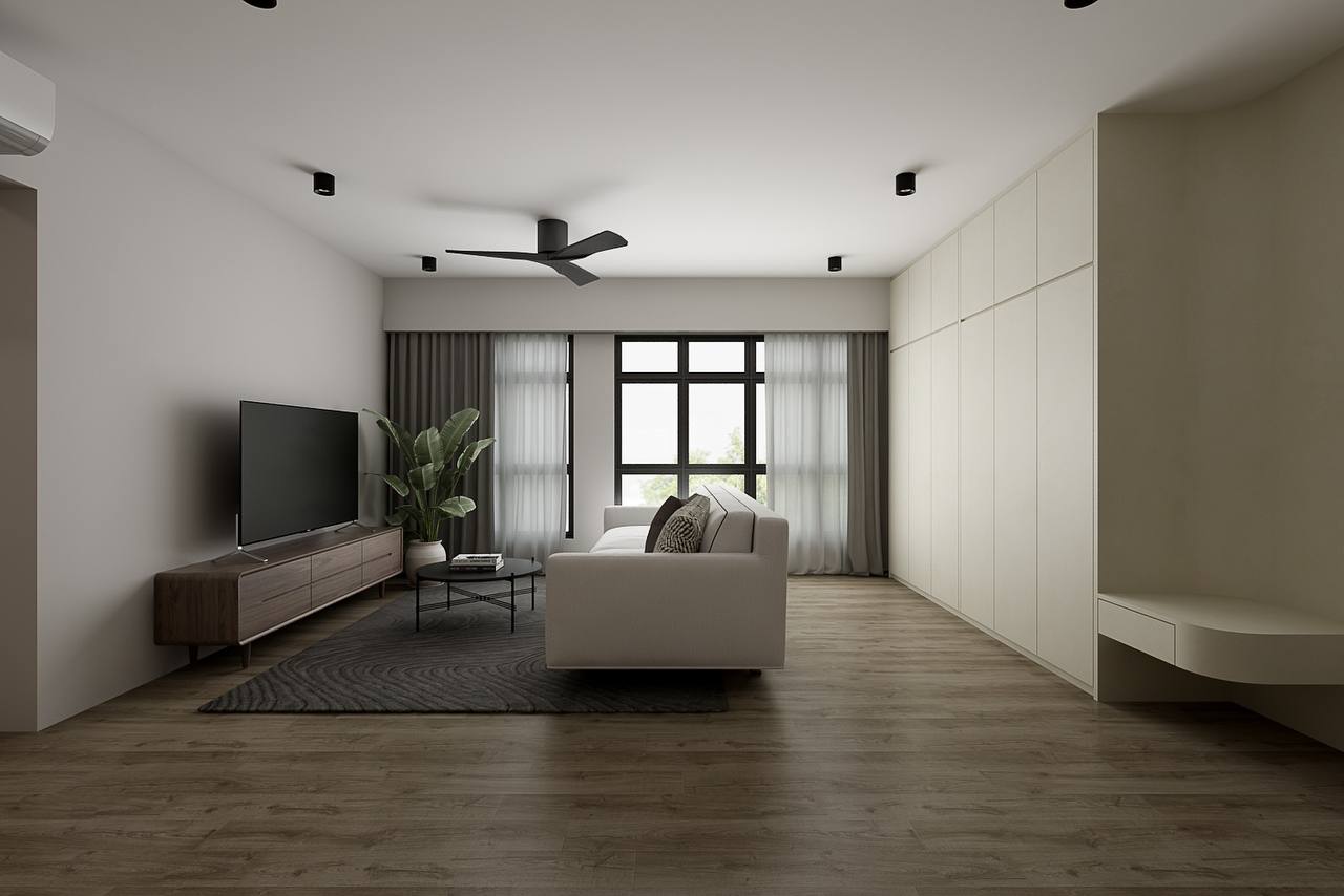 Living Room: Simple & cozy for the homebodies - Modern minimalist living room, sleek entertainment center, large window with