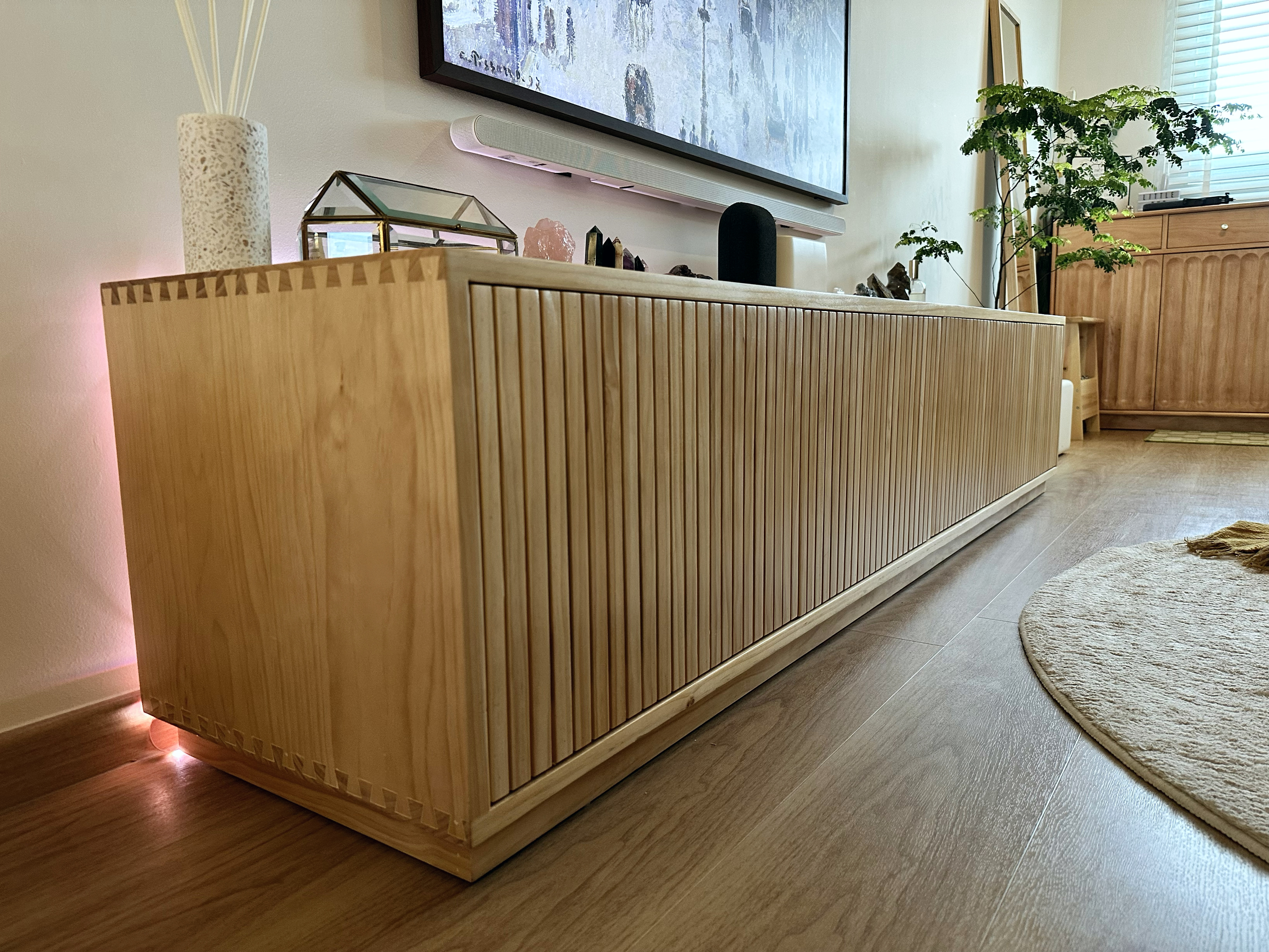 A Cosy & Warm Japandi-Inspired Living Room under $5K with No Built-in! - Wooden reception desk, minimalist design, vertical