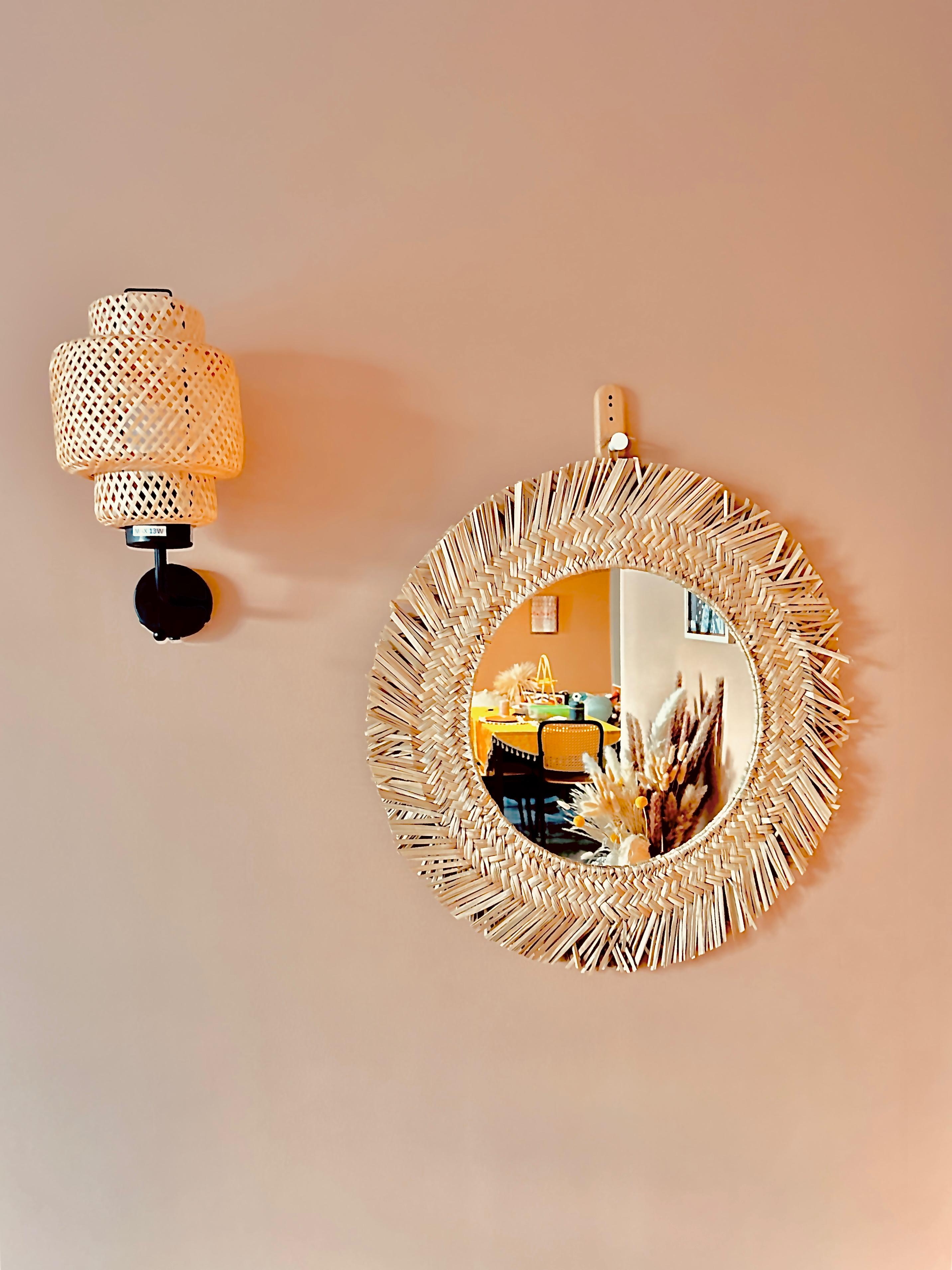 Inside our $26k Boho-Mediterranean 4-Rm BTO in shades of Terracotta - Light fixture with woven design, beige lampshade