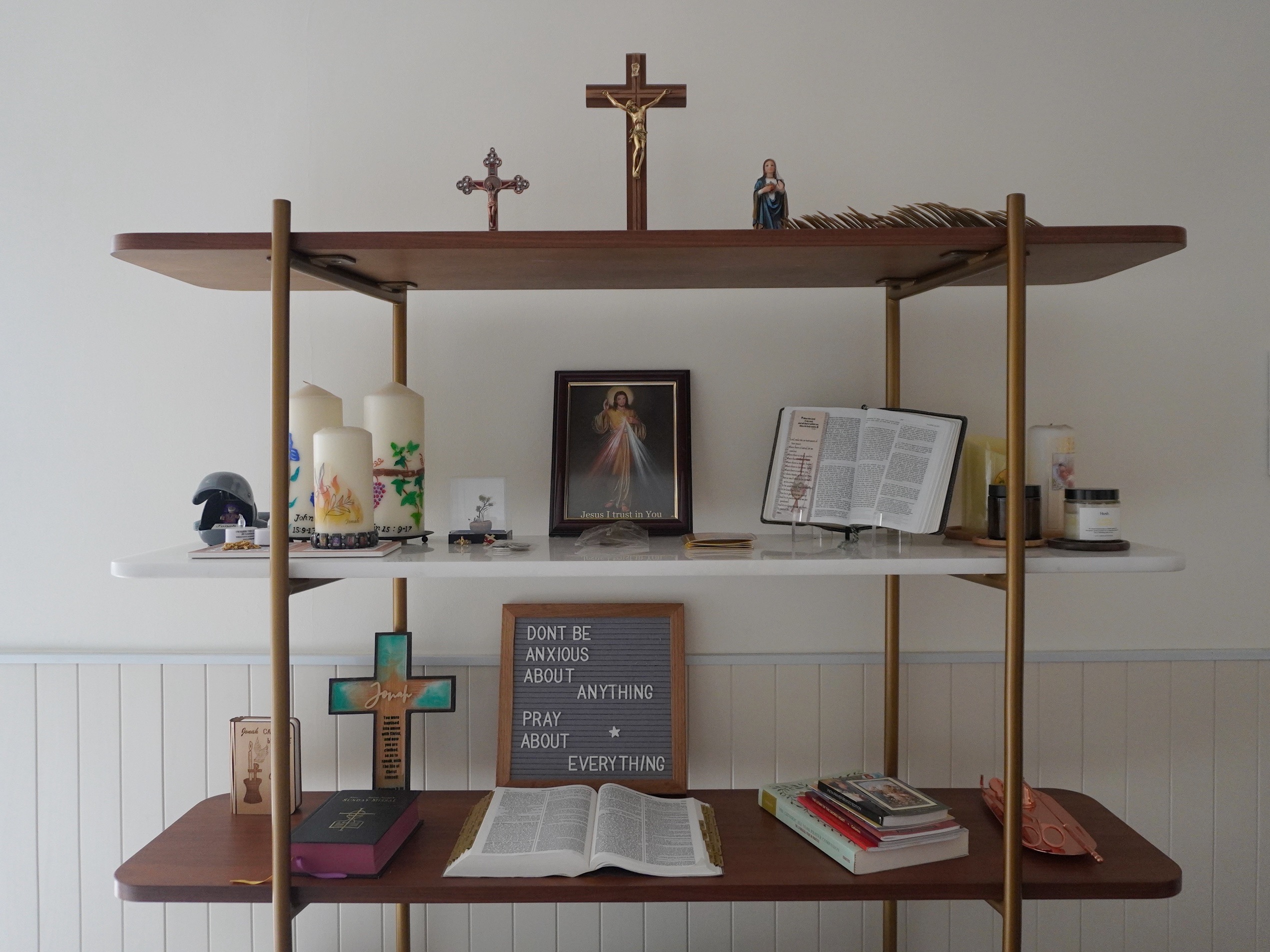 From Barn Door to Panels: Inside Our Modern Farmhouse Living Room - Christian altar, religious items, cross, crucifix