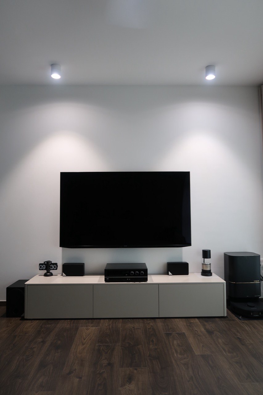 Living Room: Simple & cozy for the homebodies - Modern minimalist living room, sleek entertainment center, large flat-screen