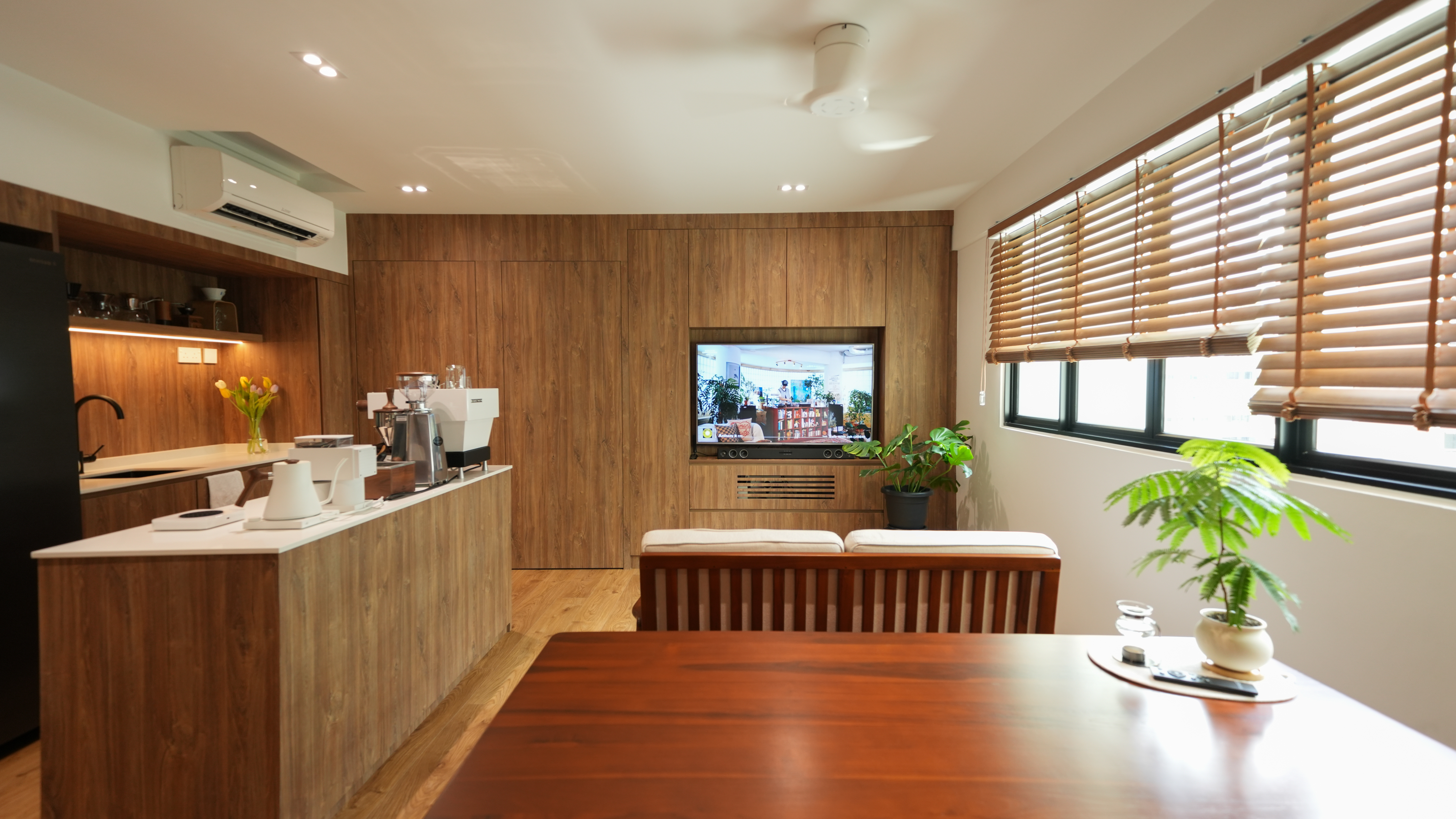 Inside a Coffee Content Creator's Home Cafe : Living Room Edition - Wooden cabinetry, modern kitchen, island counter, coffee