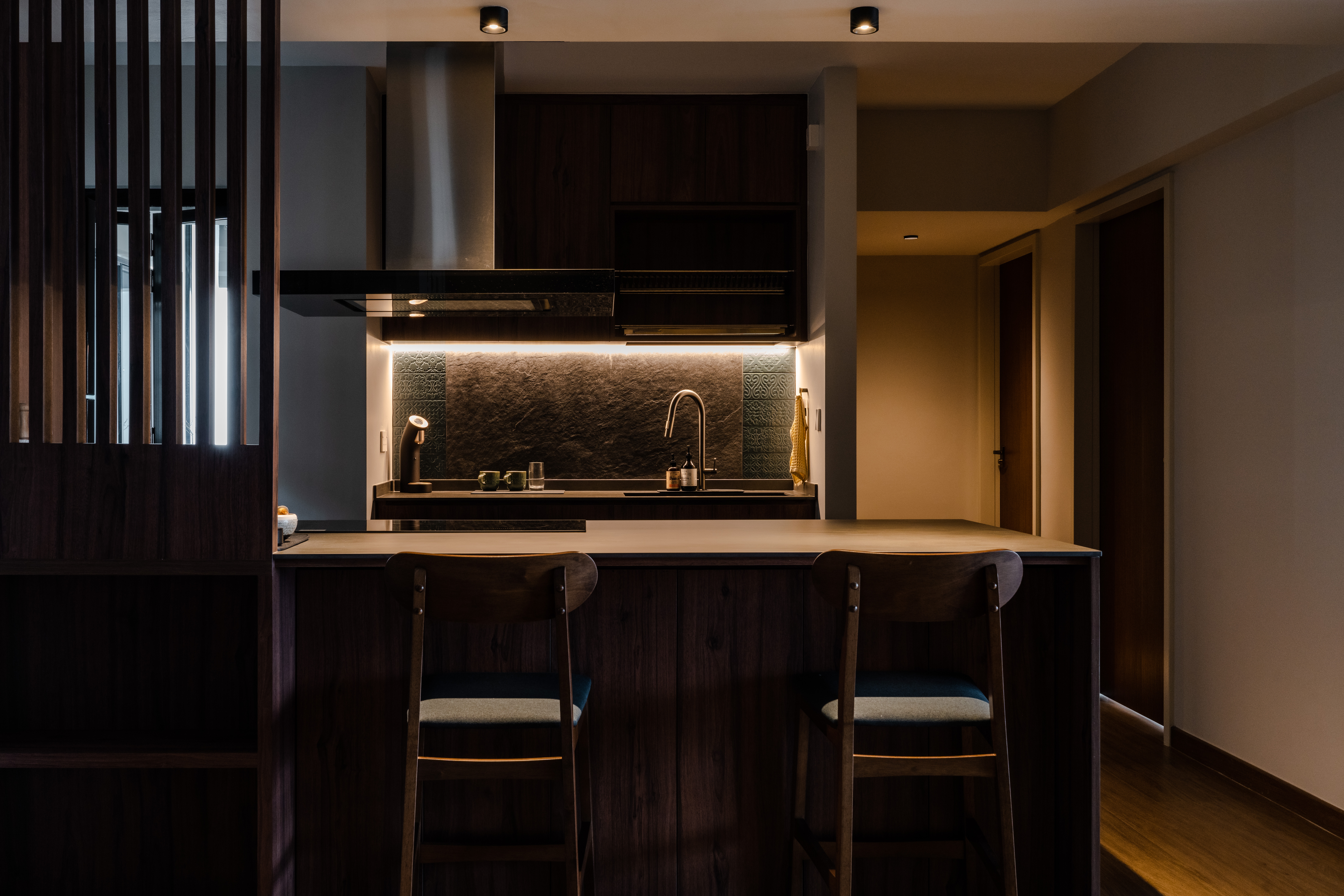 All ready to whip up a storm! - Modern kitchen with dark wooden cabinets, sleek black countertop, under-cabinet lighting