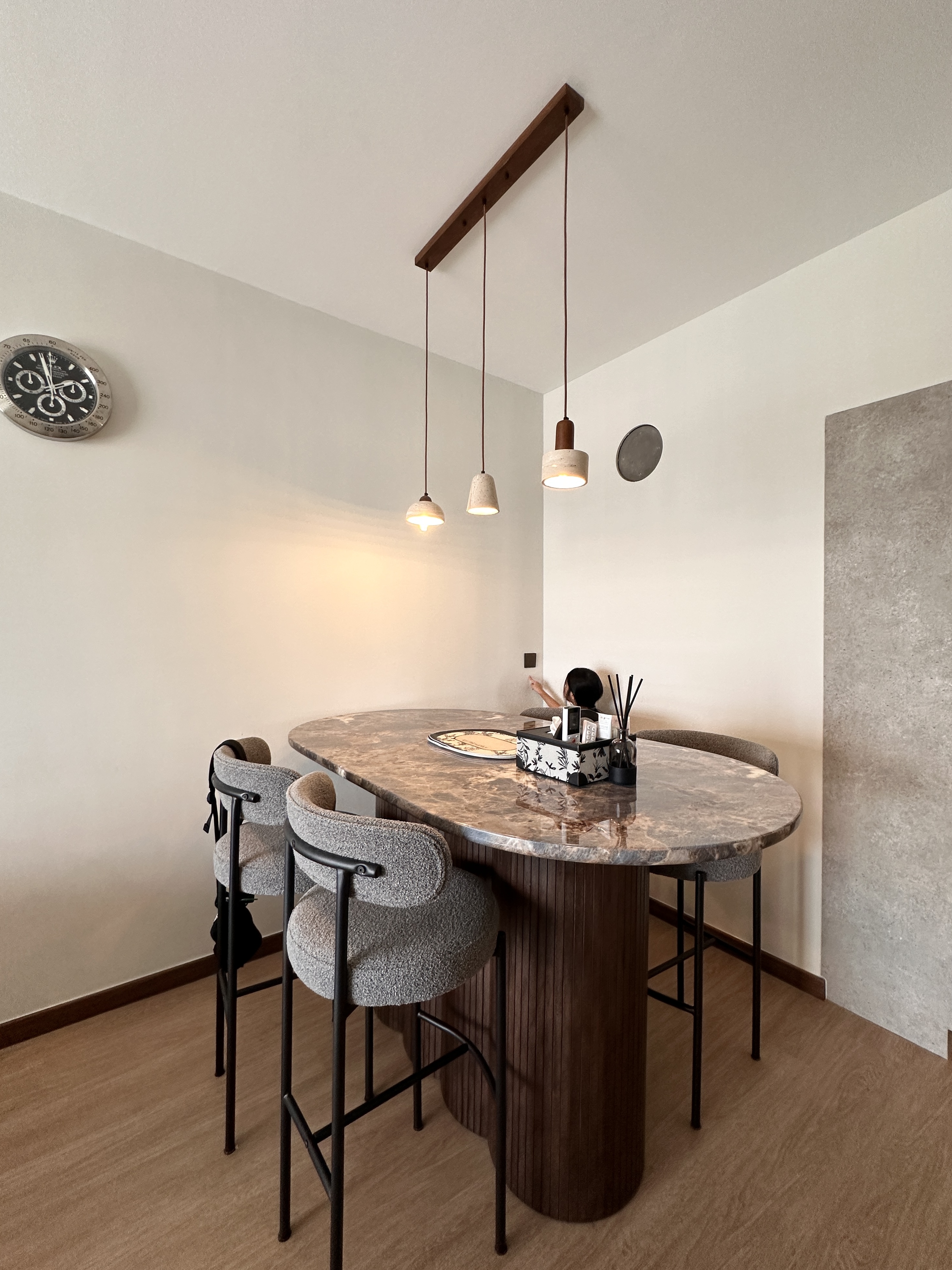 Living Room with No Built-ins | Modern Minimalist in the East <$40K - modern dining room, minimalist design, round marble