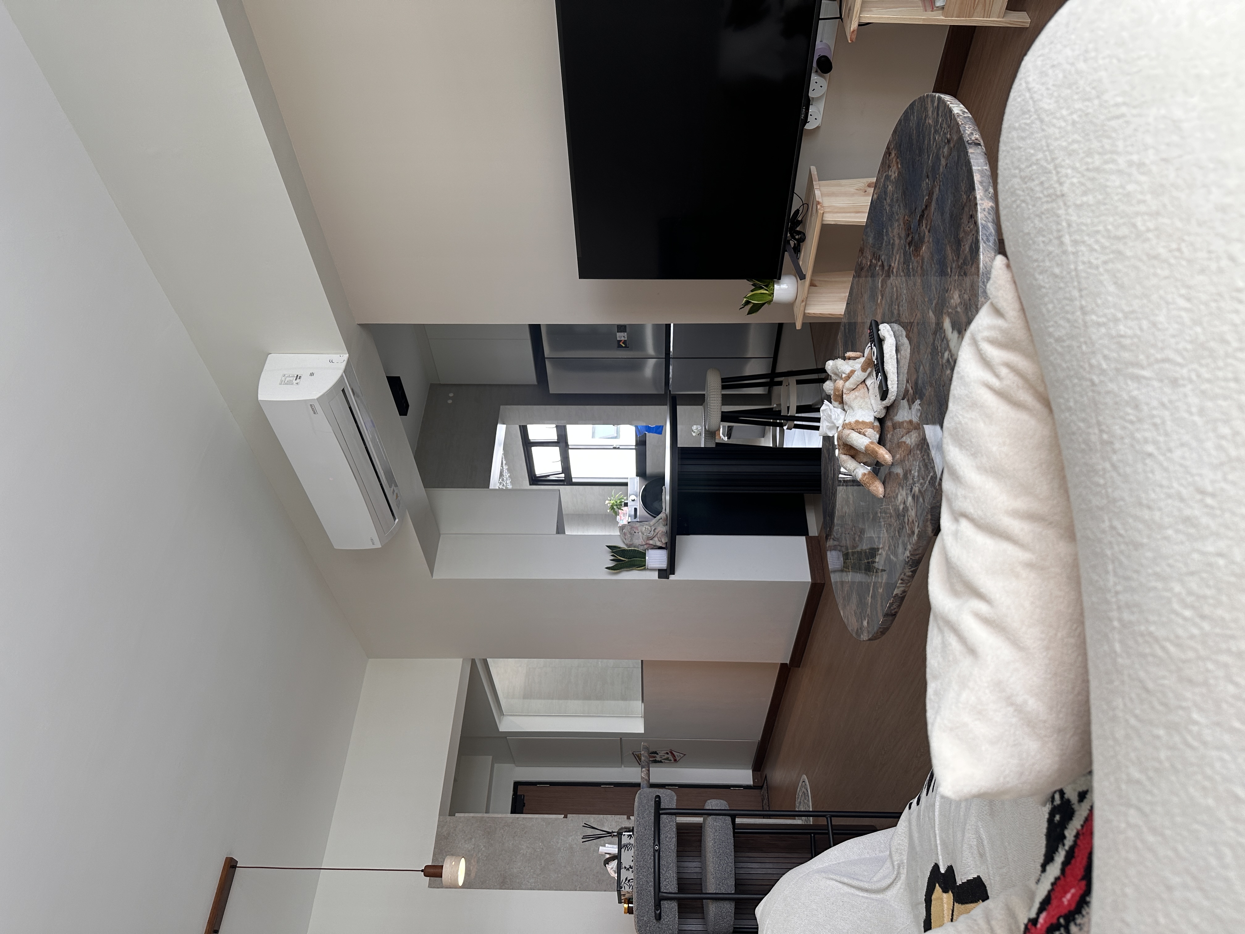 Living Room with No Built-ins | Modern Minimalist in the East <$40K - Modern minimalist living room, sleek black TV, wooden