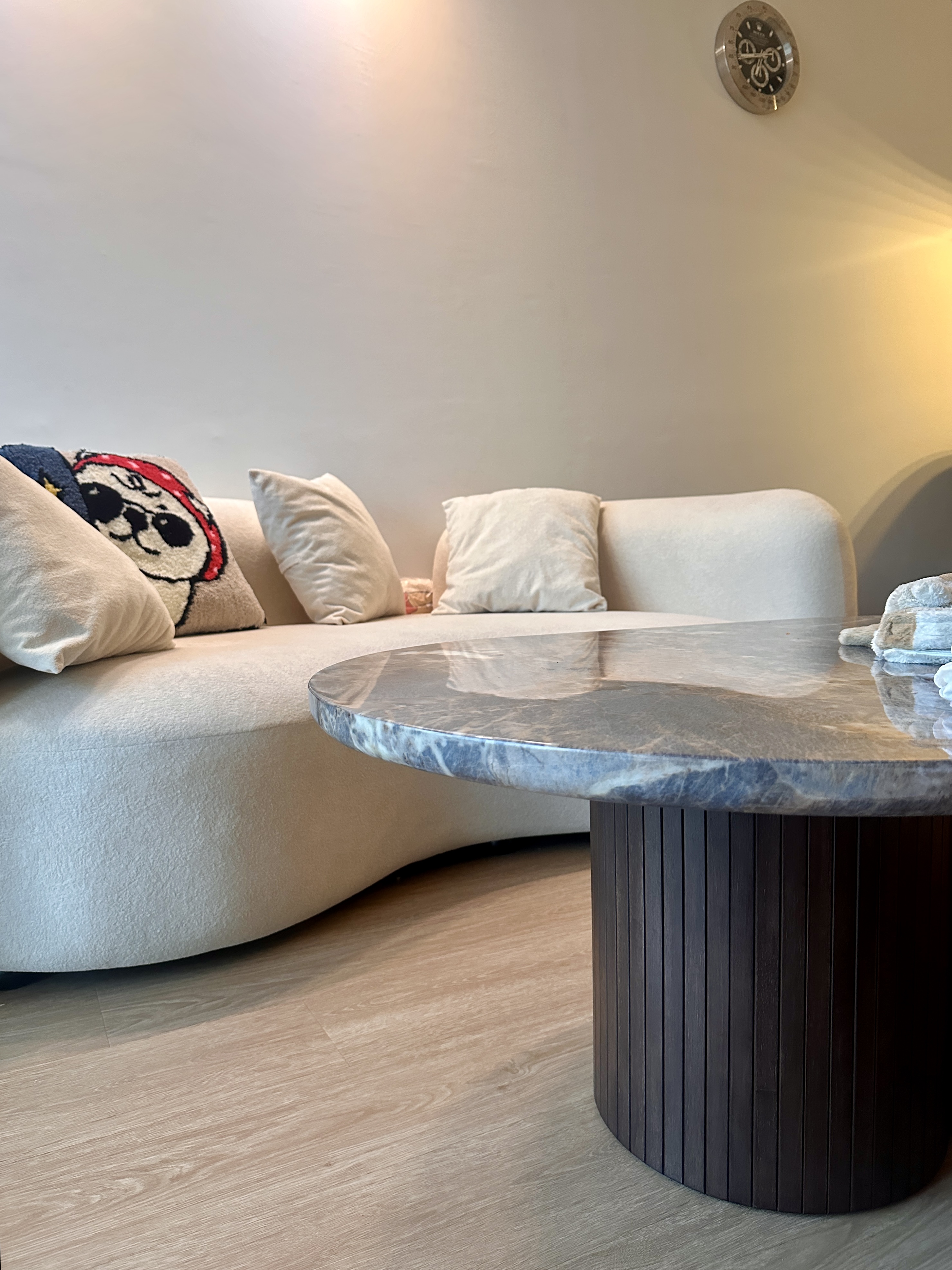 Living Room with No Built-ins | Modern Minimalist in the East <$40K - Cream-colored sofa, marble coffee table, minimalist