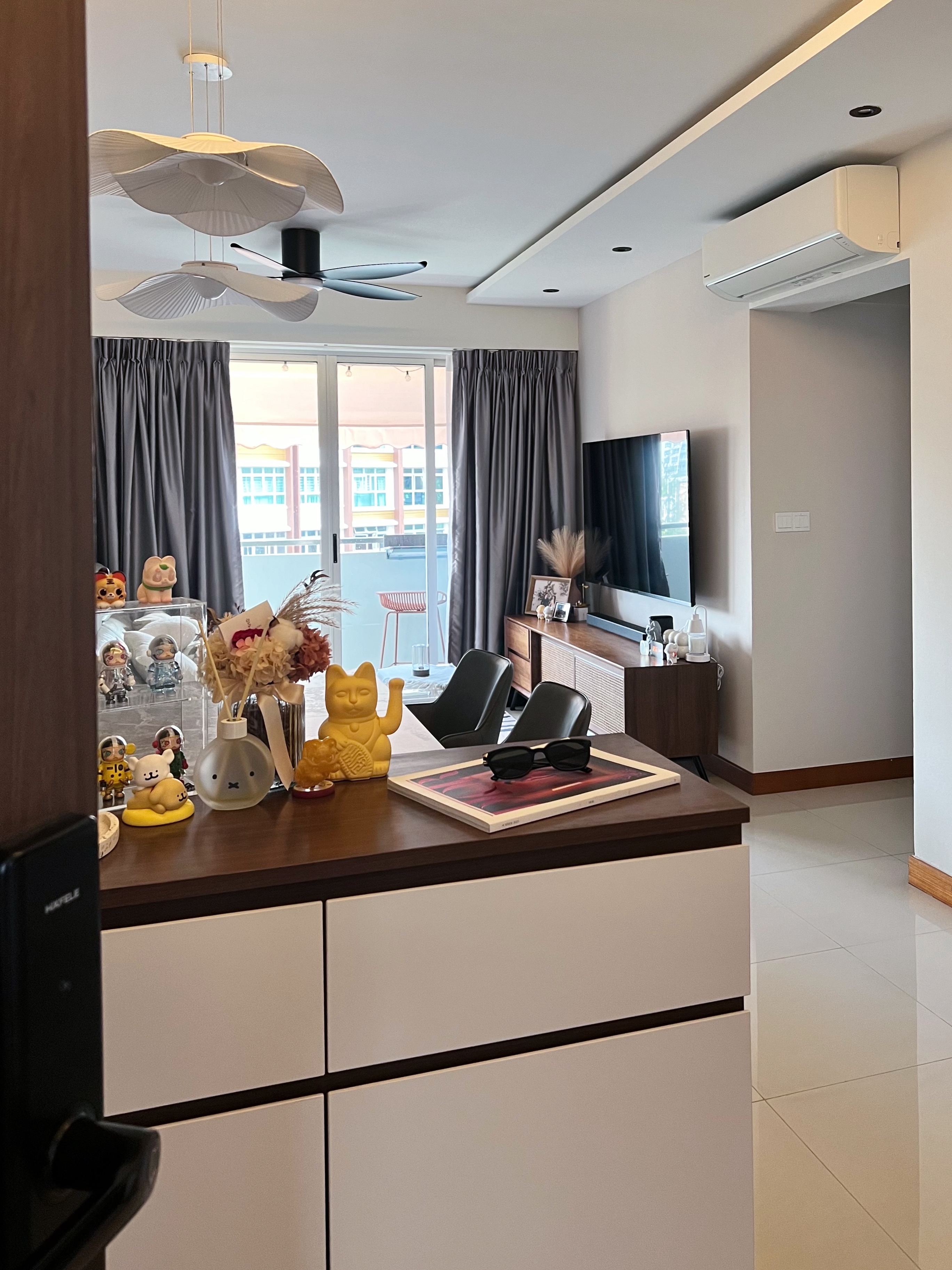 Moody Scandi Retreat — Minimal Built-ins and a Cozy Balcony - modern living room, contemporary decor, stylish furniture