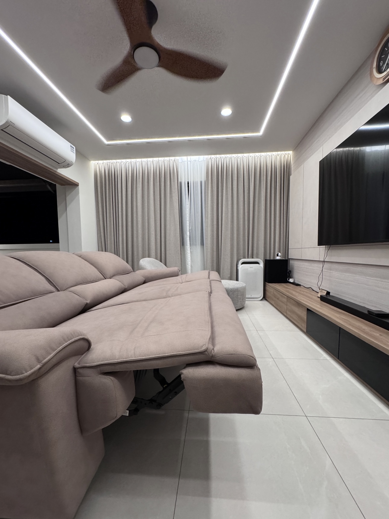 The Heart of our Maisonette : The Living Room - Cozy and Functional - Modern living room with beige sofa, recessed ceiling