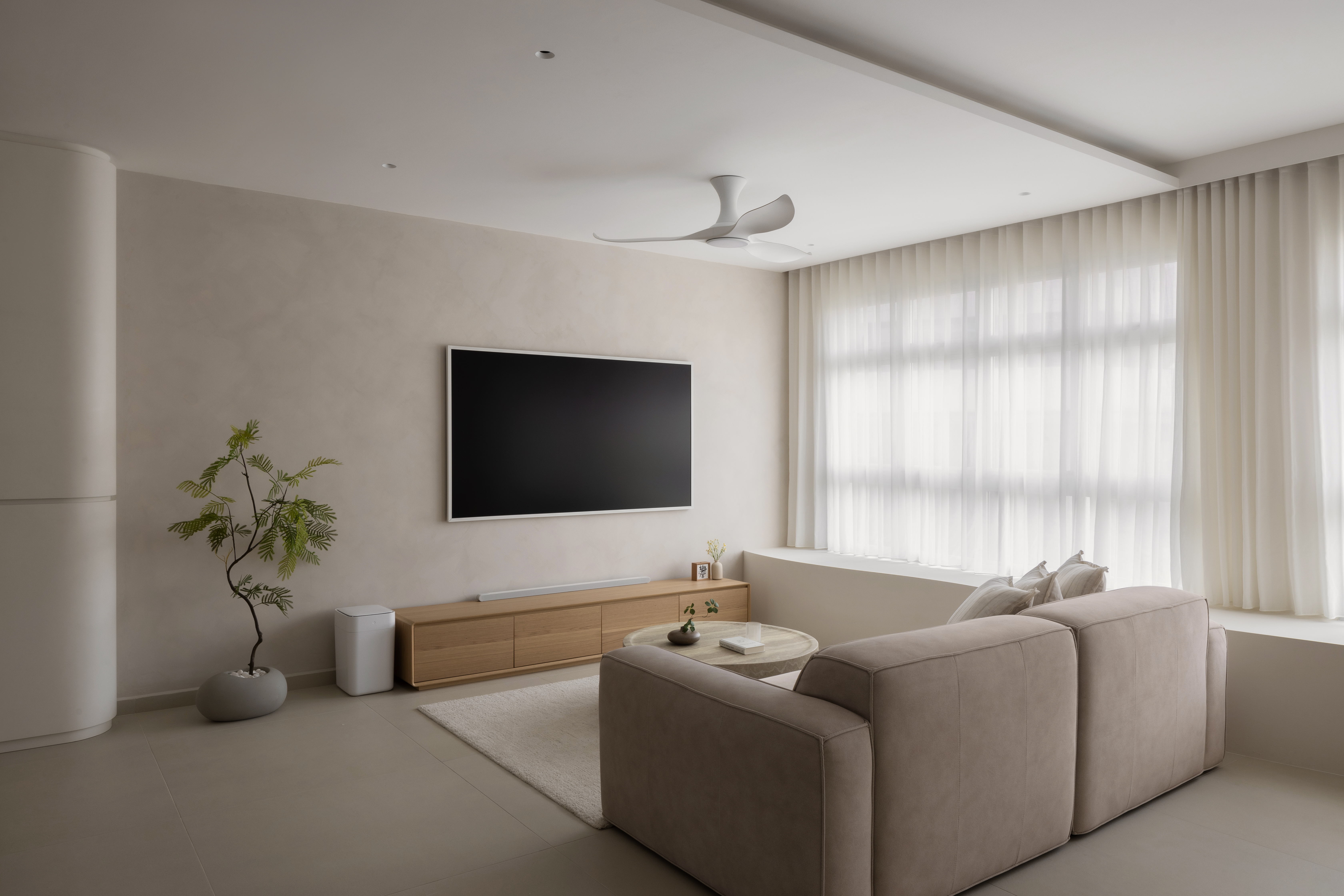 Our Living Room: A Wabi-Sabi Sanctuary - Modern minimalist living room, neutral color palette, large flat-screen TV, light