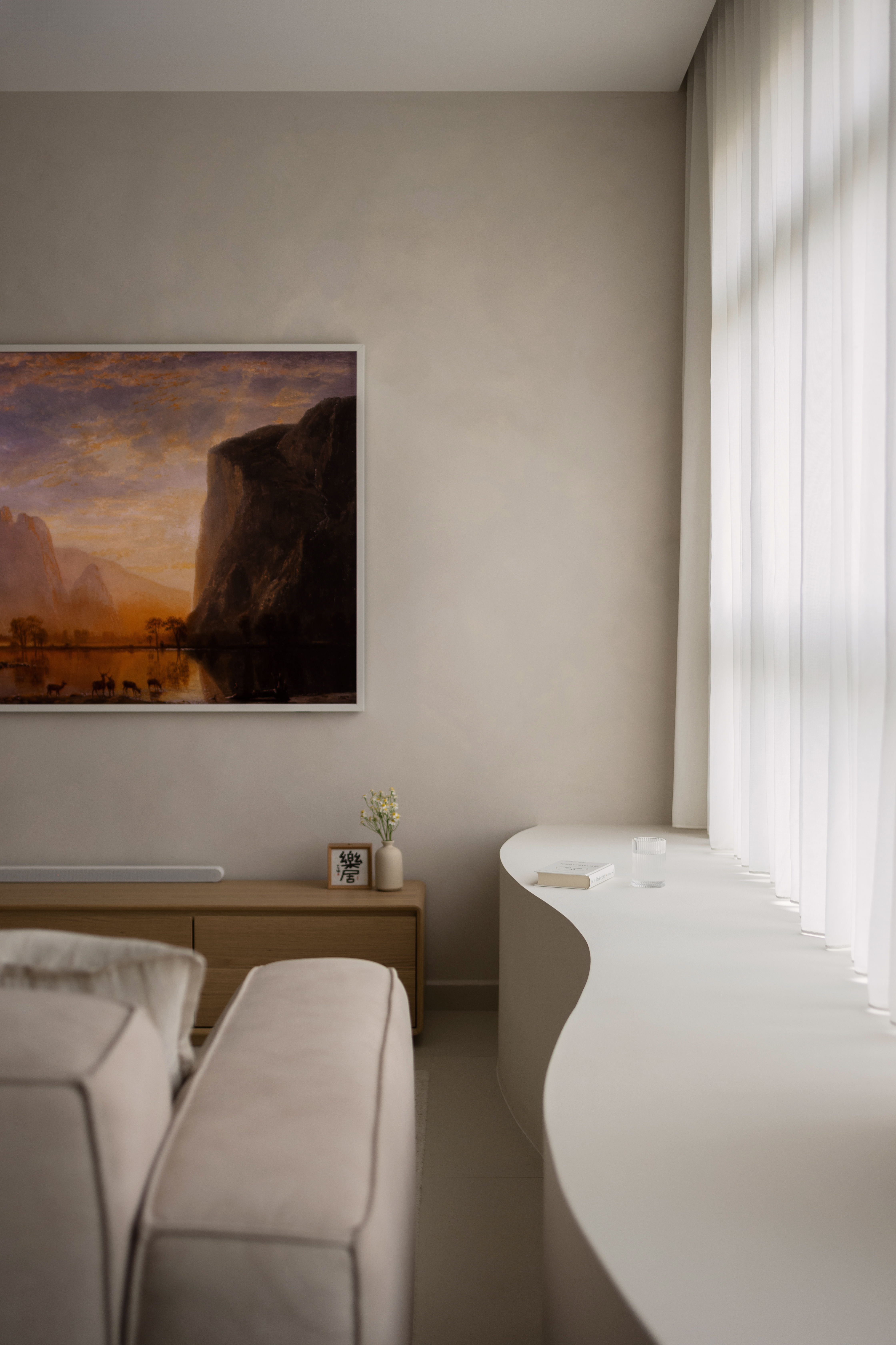 Our Living Room: A Wabi-Sabi Sanctuary - Modern minimalist living room, serene landscape painting, large window with sheer