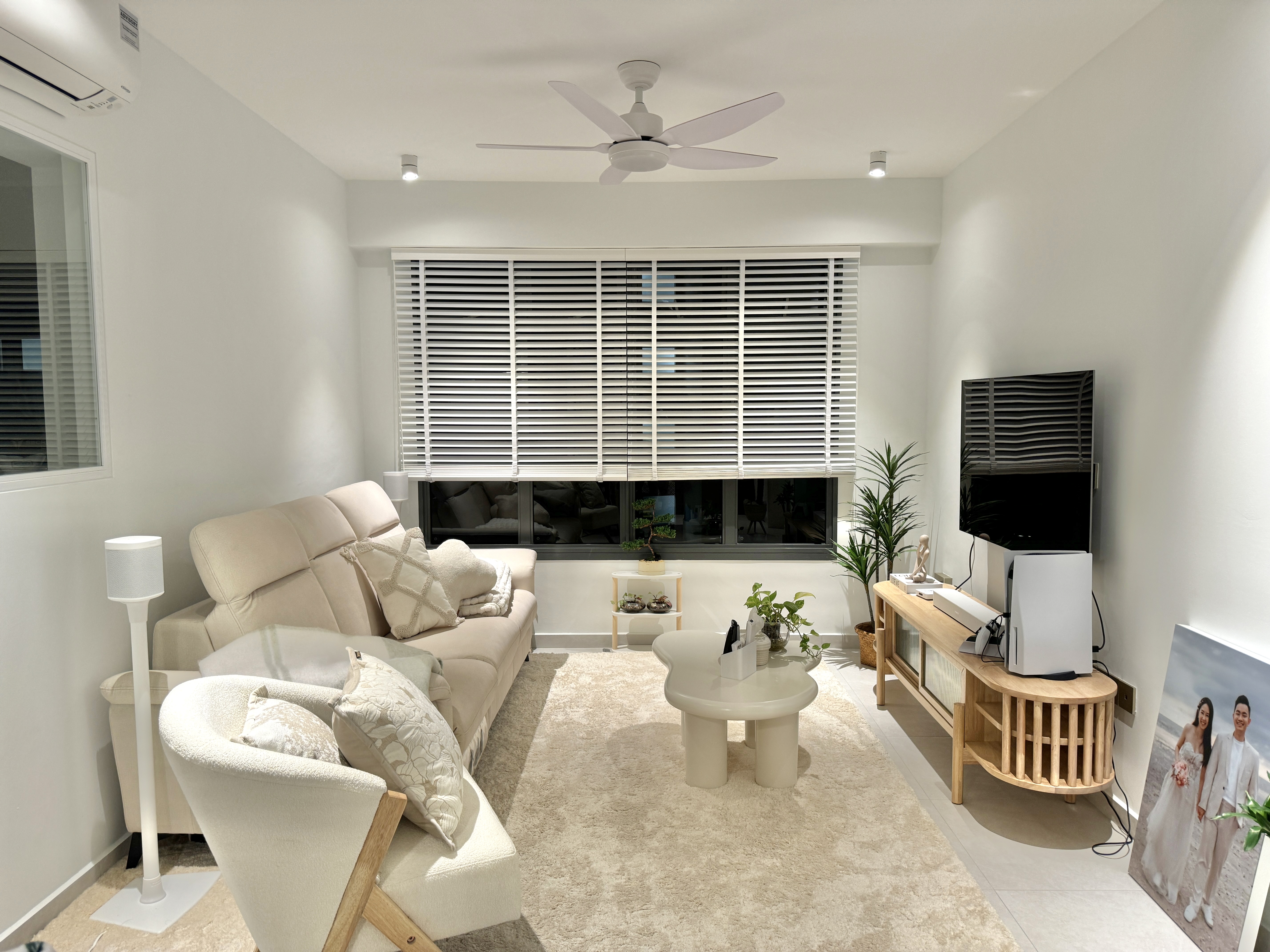 Modern Scandi Living Room with ZERO CARPENTRY 🤍 (Tips in captions) - Modern living room with beige sofa, white armchair