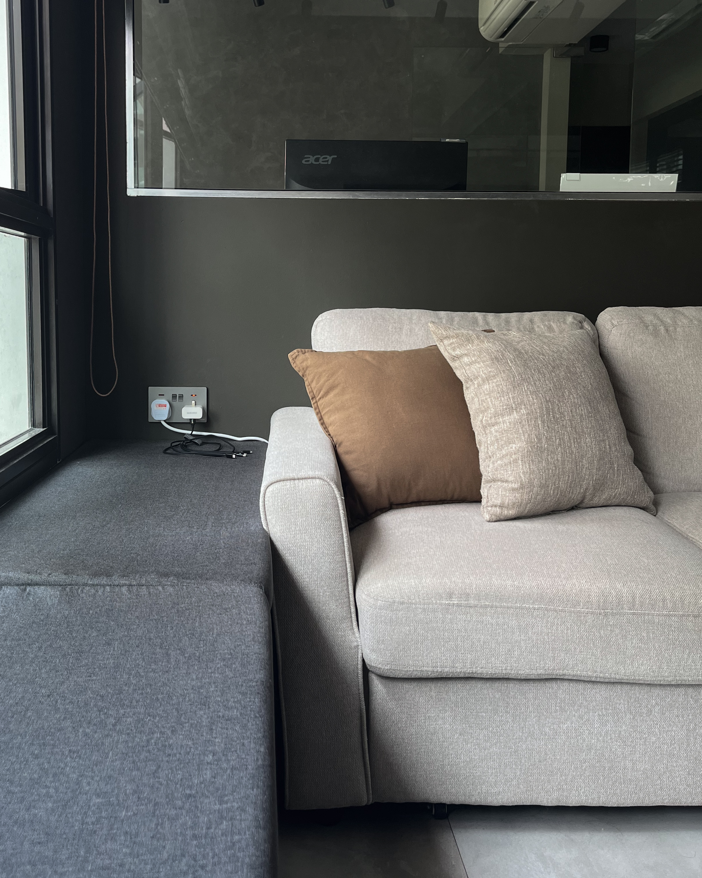 Minimalism with a Twist: Our Dark Contemporary Living Room in Hougang - Modern minimalist living room, cozy gray sofa, beige