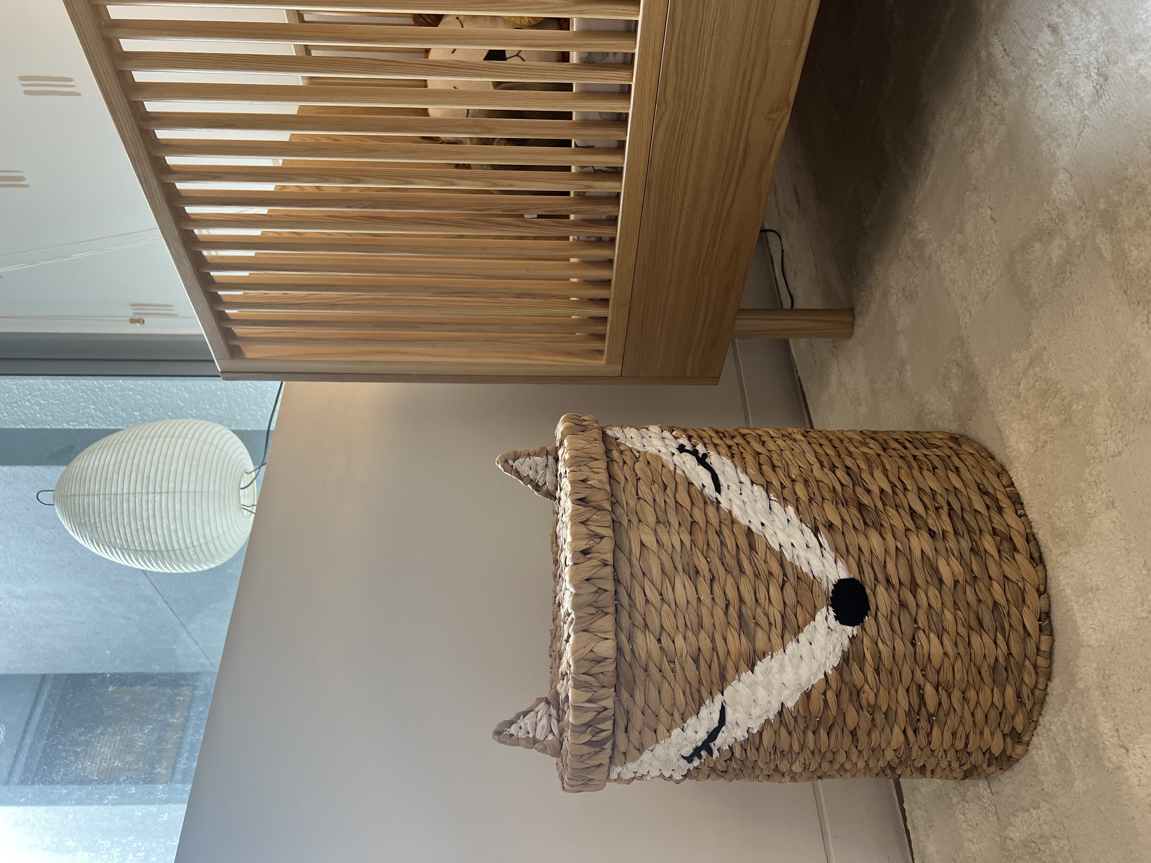 Hello Mr Crocodile! Toddler room at the ready! 🐊 - Wooden slatted ceiling, woven basket, white lantern, modern interior