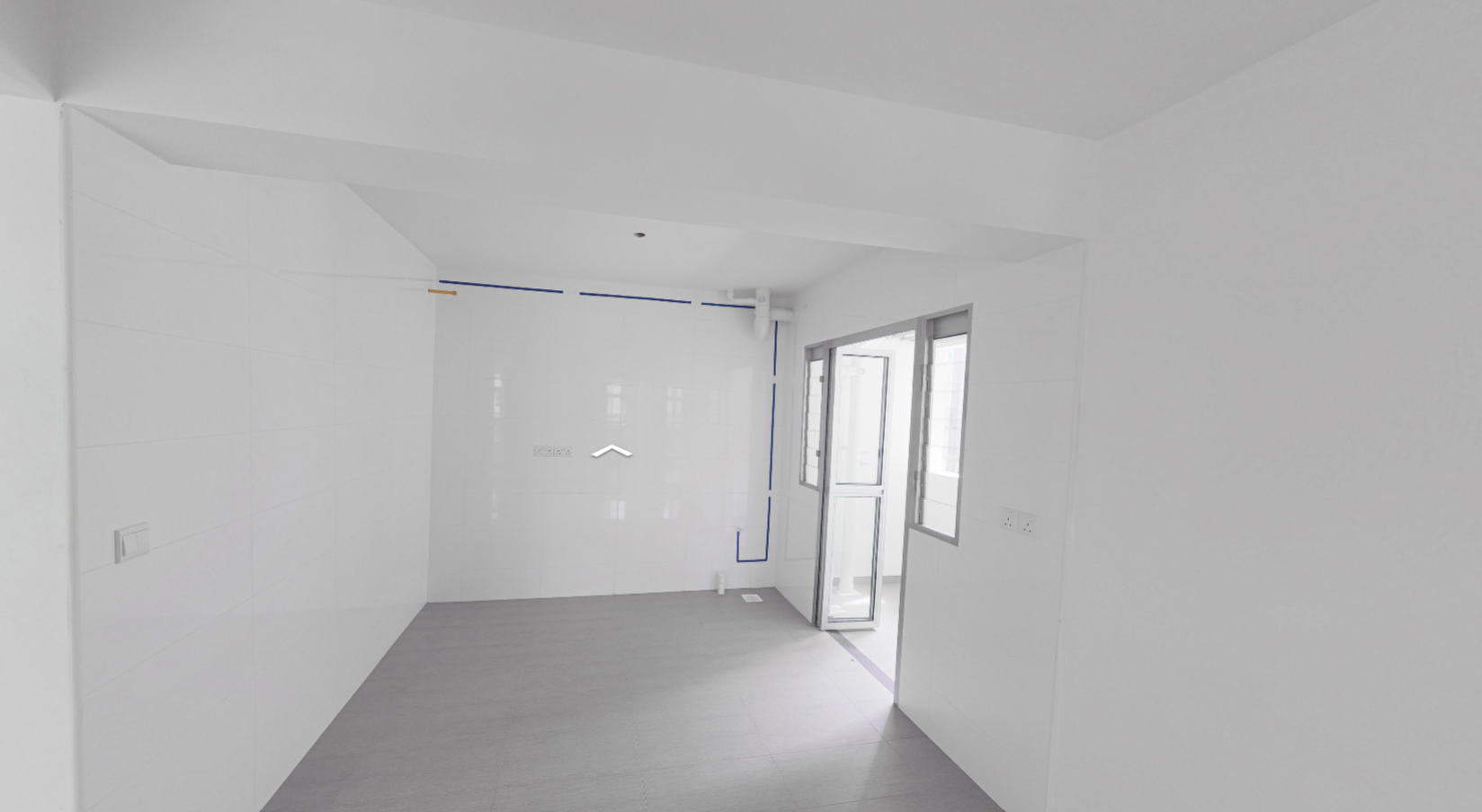 Dark Contemporary Kitchen: Before & After! - White room, minimalist design, bright lighting, open door, large windows, tiled