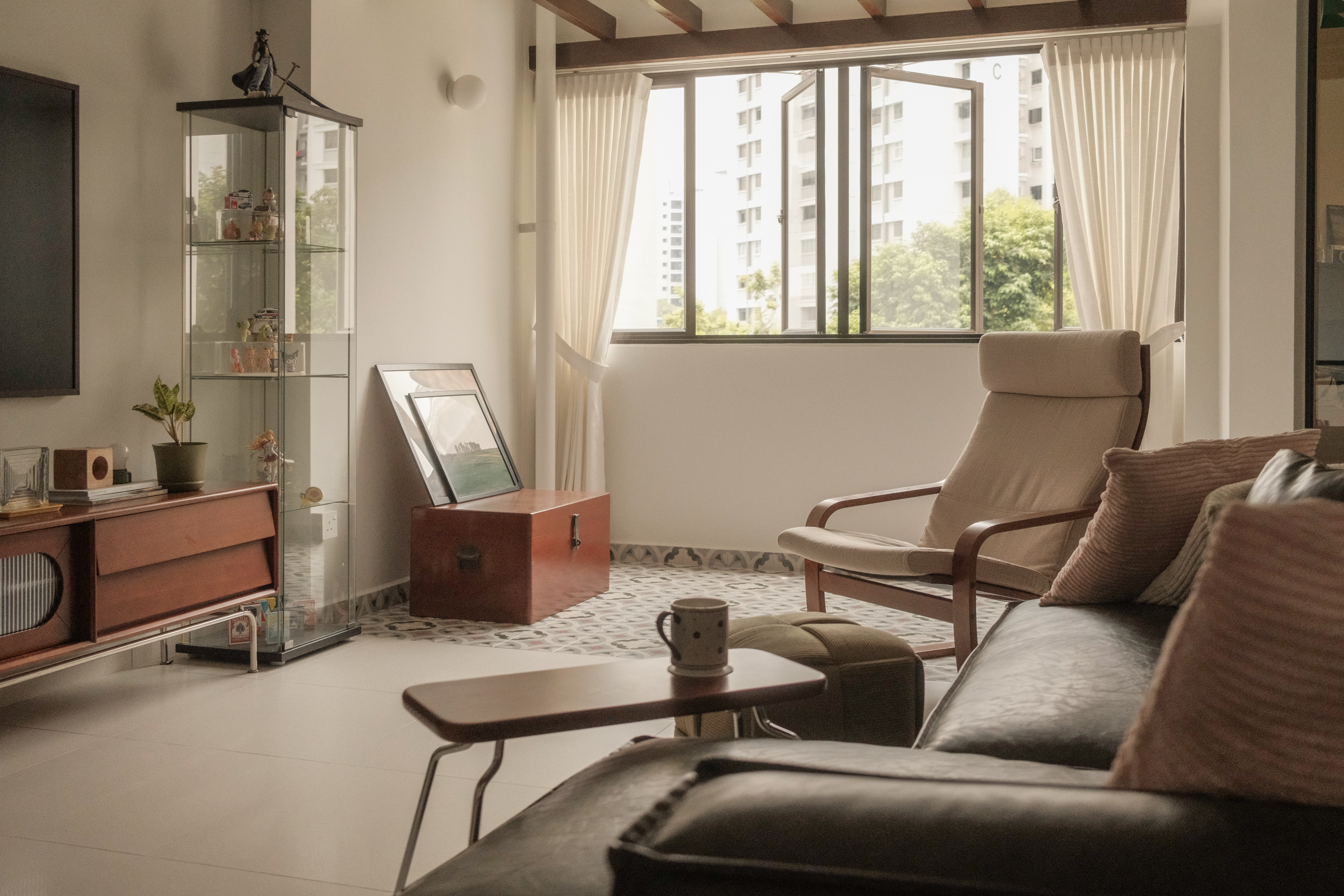 Bringing Timeless Charm into our Mid-Century Modern Living Room - Modern living room, cozy seating area, large window, sheer