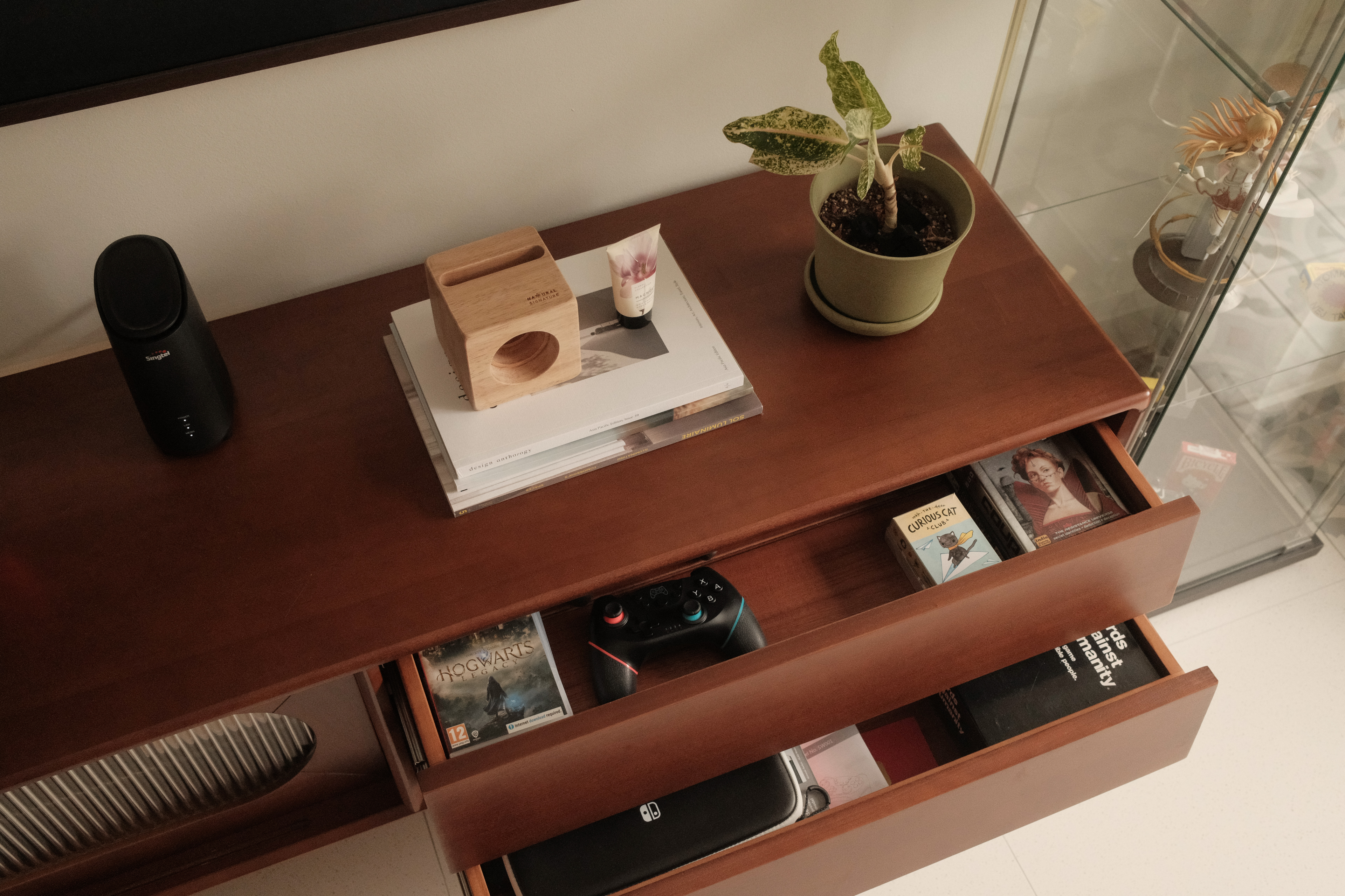 Bringing Timeless Charm into our Mid-Century Modern Living Room - smart speaker, wooden cabinet, indoor plant, gaming