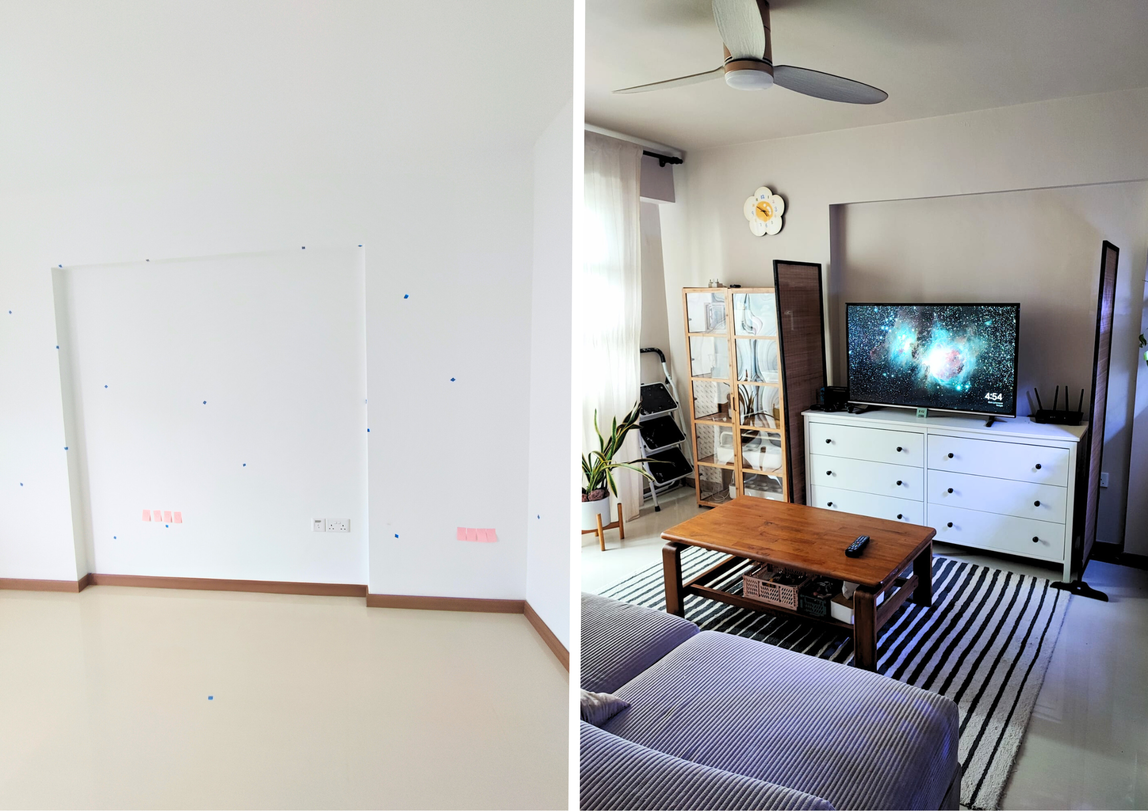 From Blank Canvas to Cosy Haven: A Simple Living Room Transformation - White walls, ceiling fan, ceiling tiles, blue dots