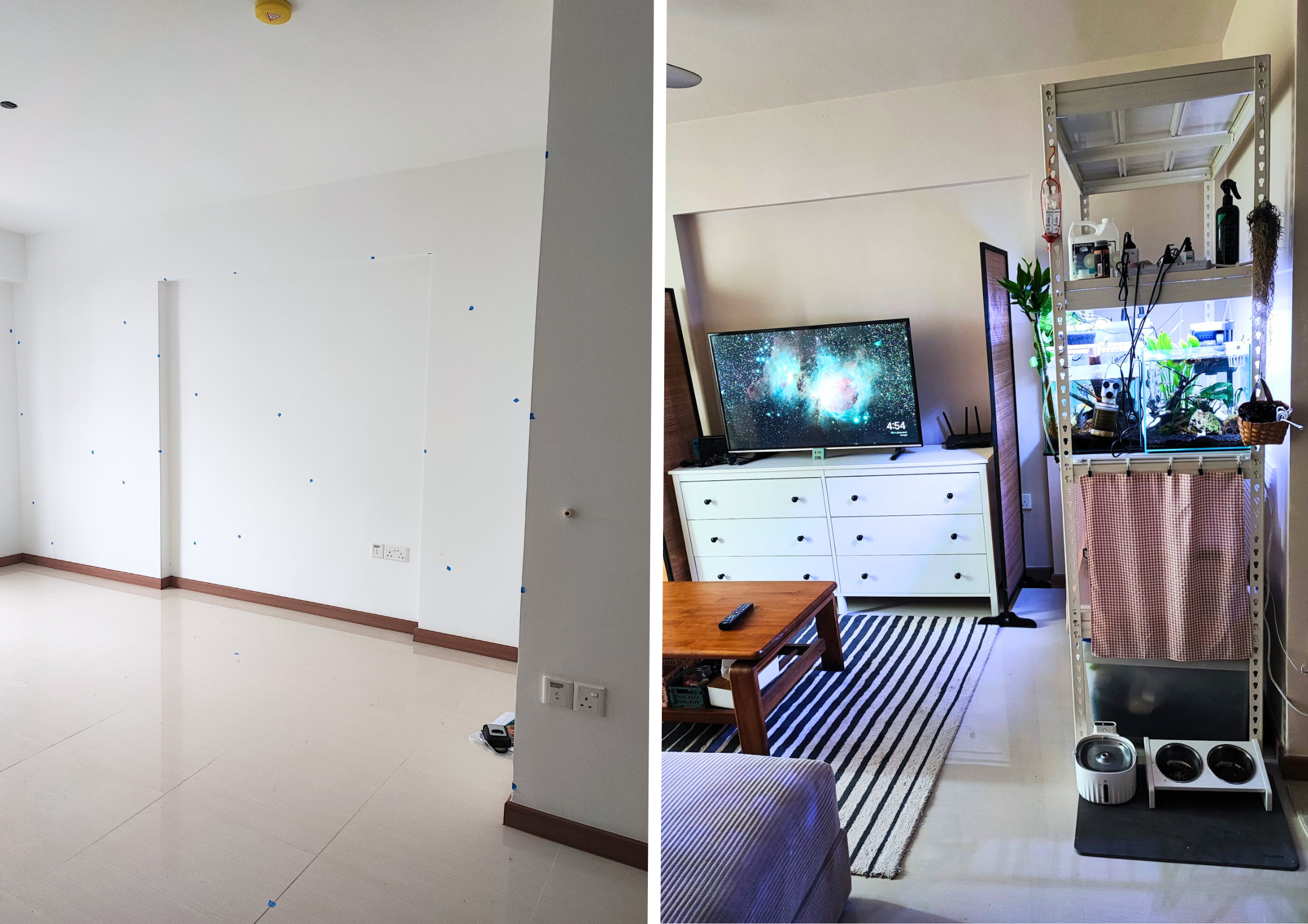 From Blank Canvas to Cosy Haven: A Simple Living Room Transformation - White room with blue markings, TV on stand, fish tank