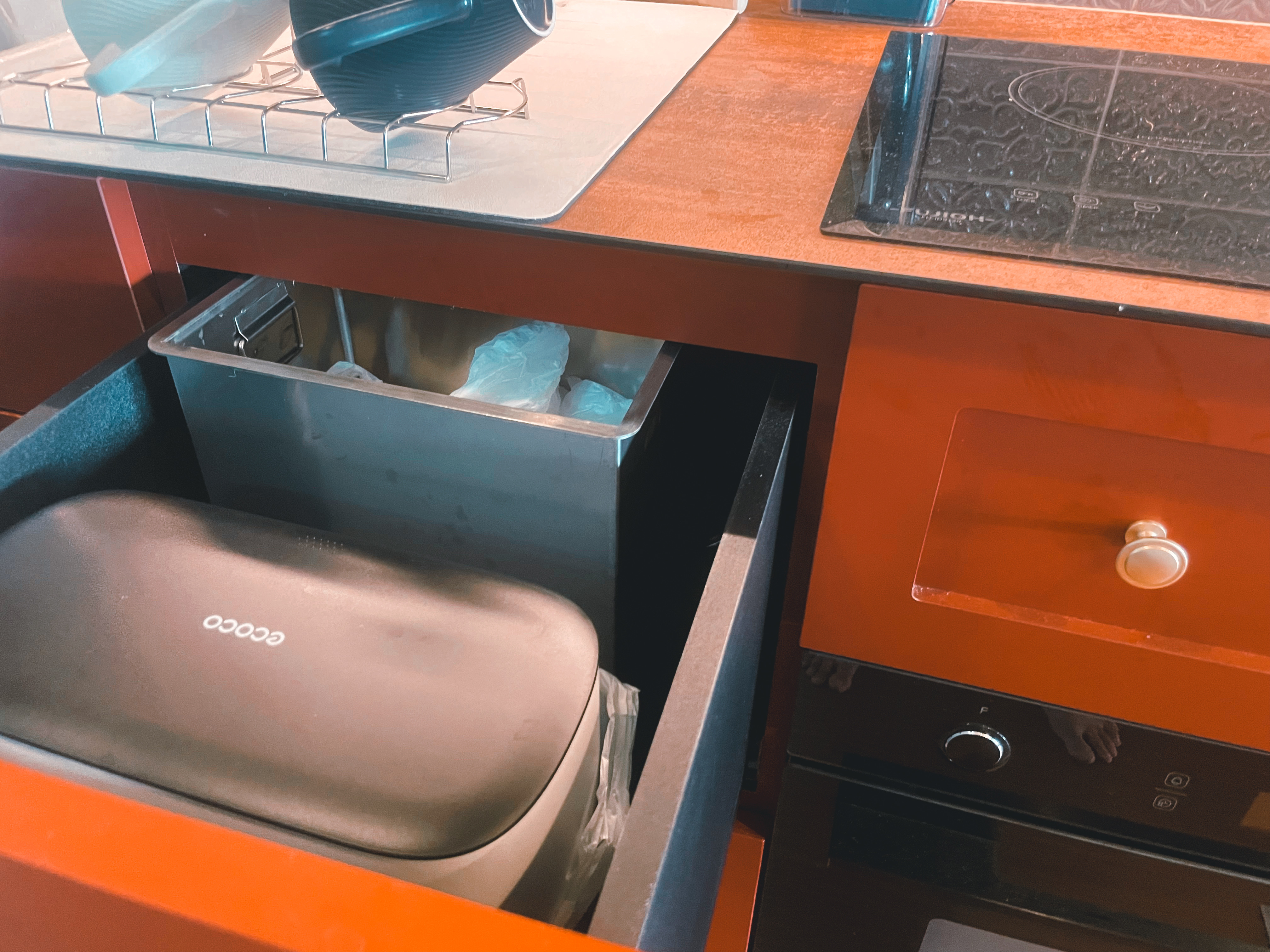 Kitchen Organization: The Ongoing Journey - Kitchen counter, dish rack, blue bowl, orange countertop, stainless steel trash