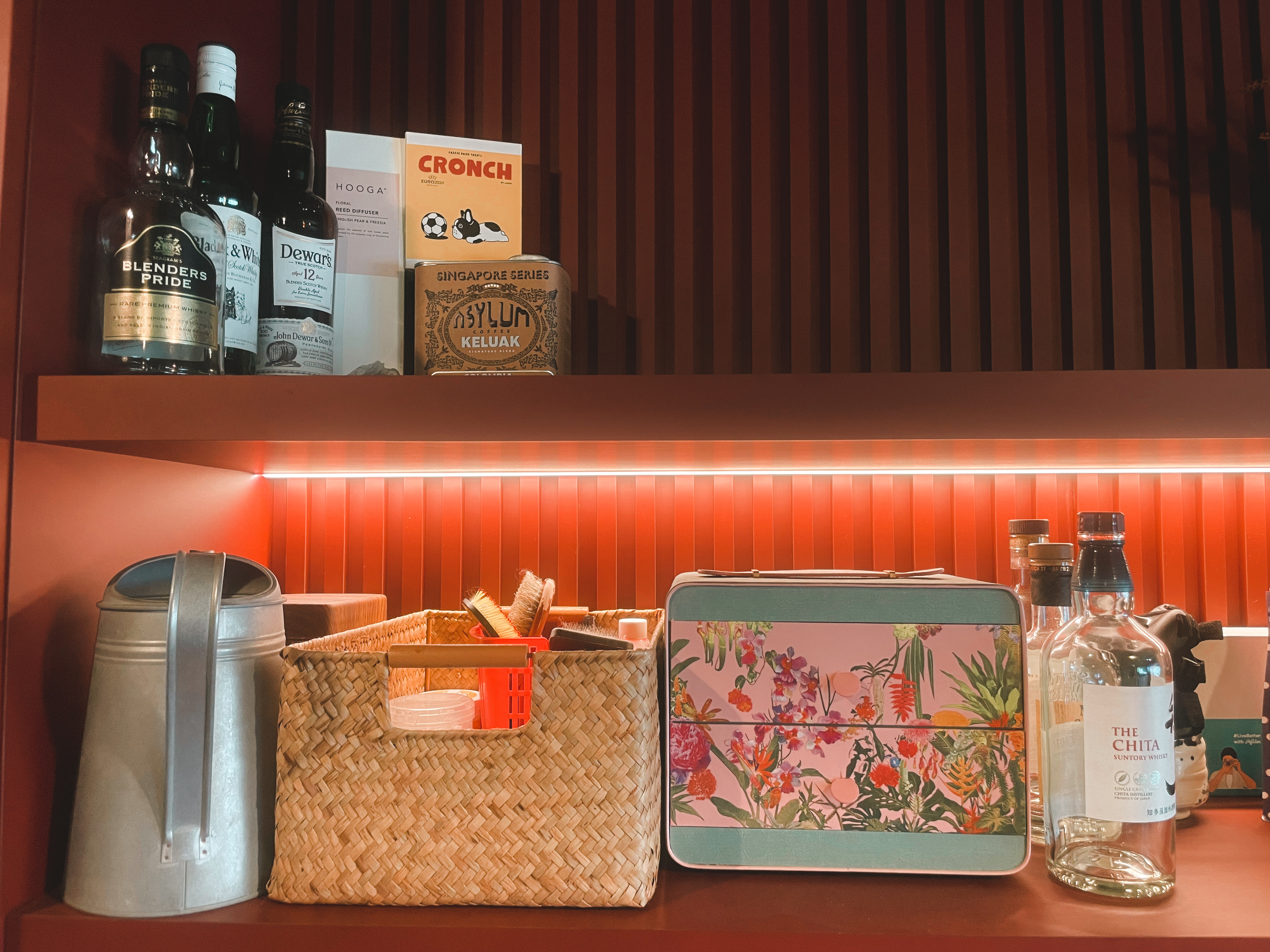 Kitchen Organization: The Ongoing Journey - Whisky bottles, "Blenders Pride" and "Dewar's, " "Hooga" and "Keluak, " "CRONCH"