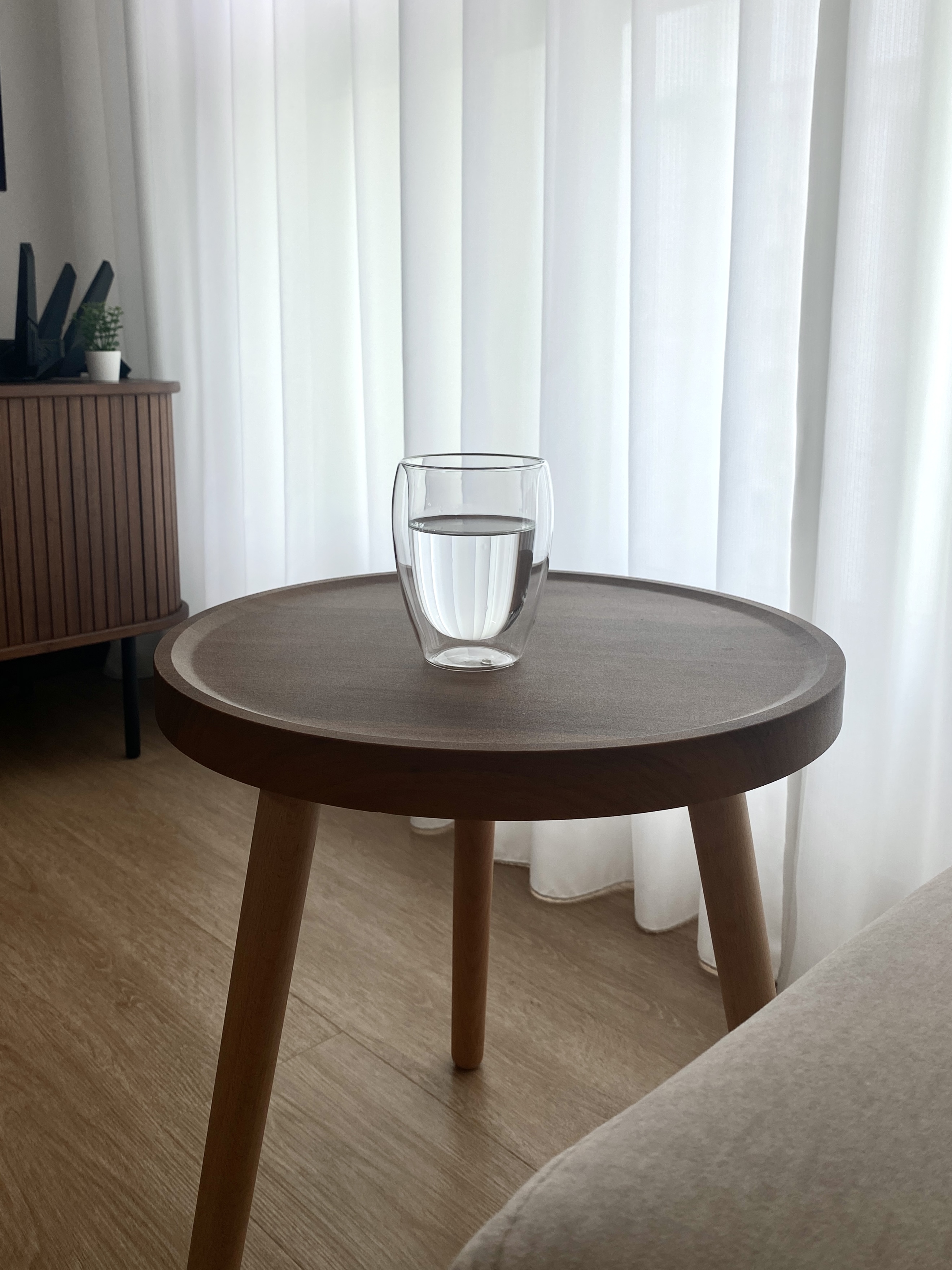 Living Room: Creating A Neutral Palette Home With HDB's Vinyl Flooring - Clear glass, minimalist, round table, wooden legs