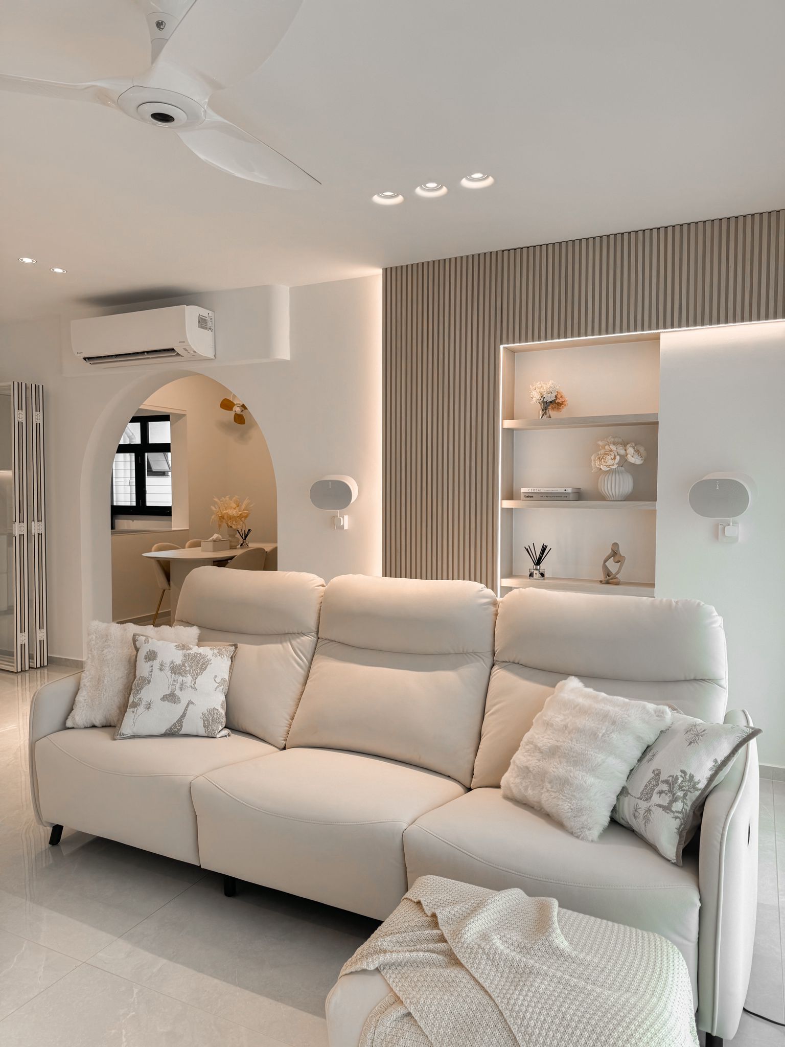 Before & After: Japandi Luxe Living Room ($210k reno) - Modern minimalist living room, sleek ceiling fan, white ceiling