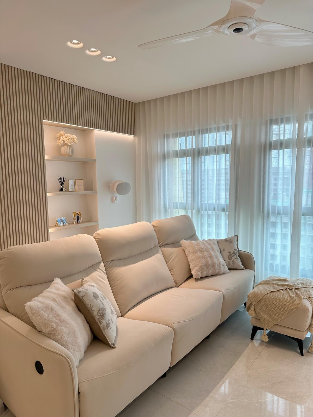 Before & After: Japandi Luxe Living Room ($210k reno) - Cream-colored sectional sofa, modern design, plush pillows, beige