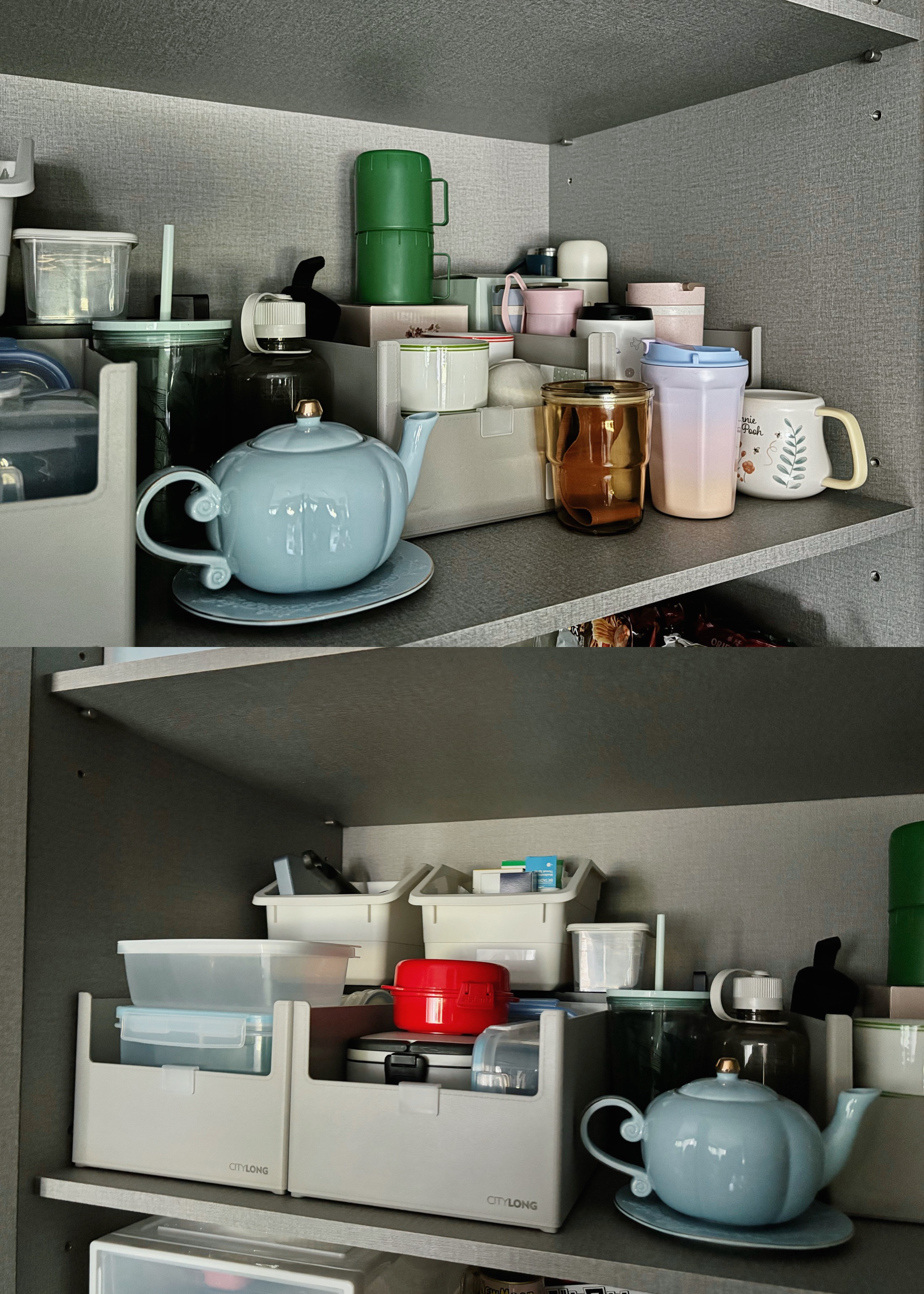 Basic Kitchen Organisation: Little Changes, Big Difference - Tea set organized neatly on shelves, pastel blue teapot, green