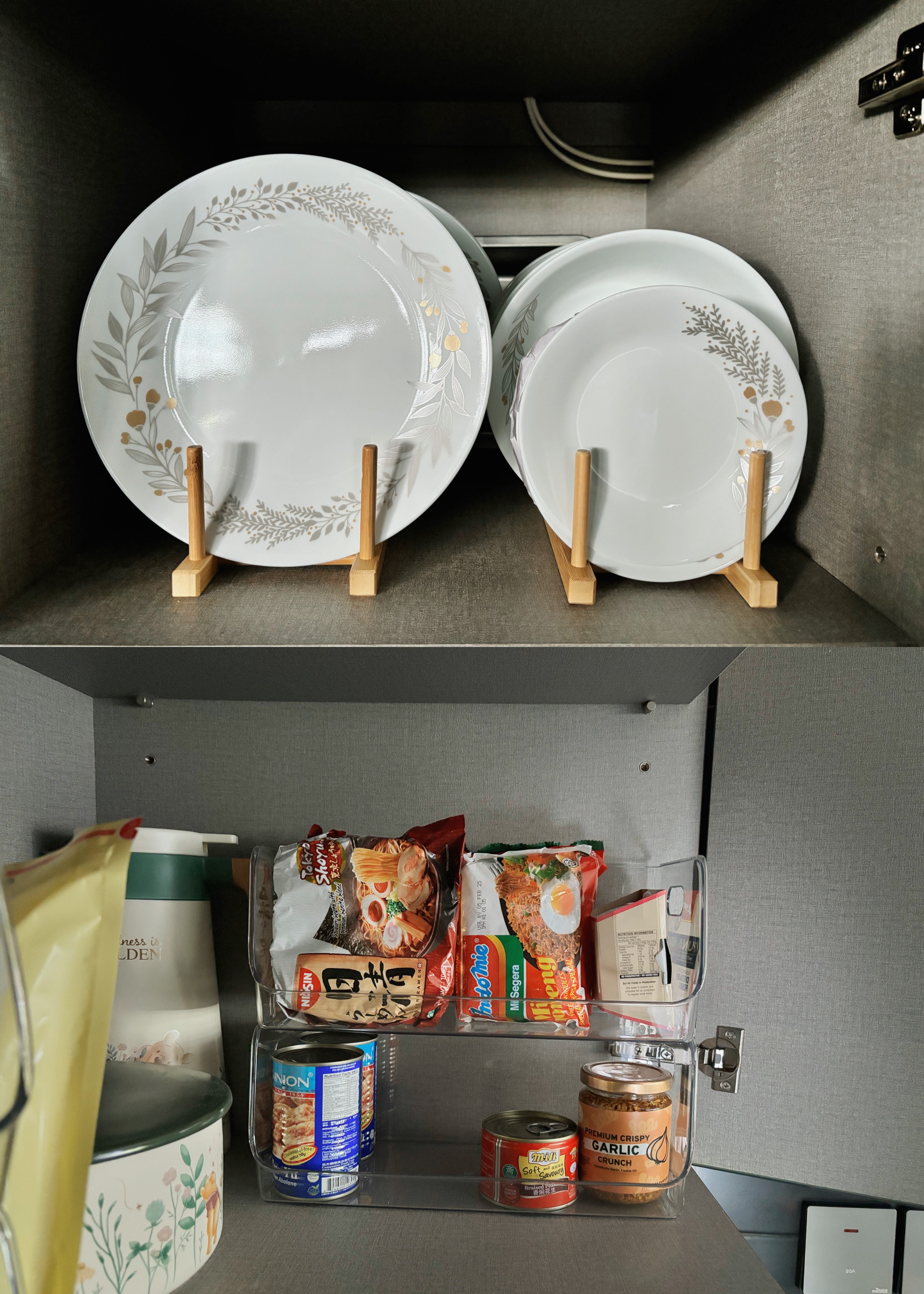 Basic Kitchen Organisation: Little Changes, Big Difference - White plates with decorative leaves, wooden stands, gray