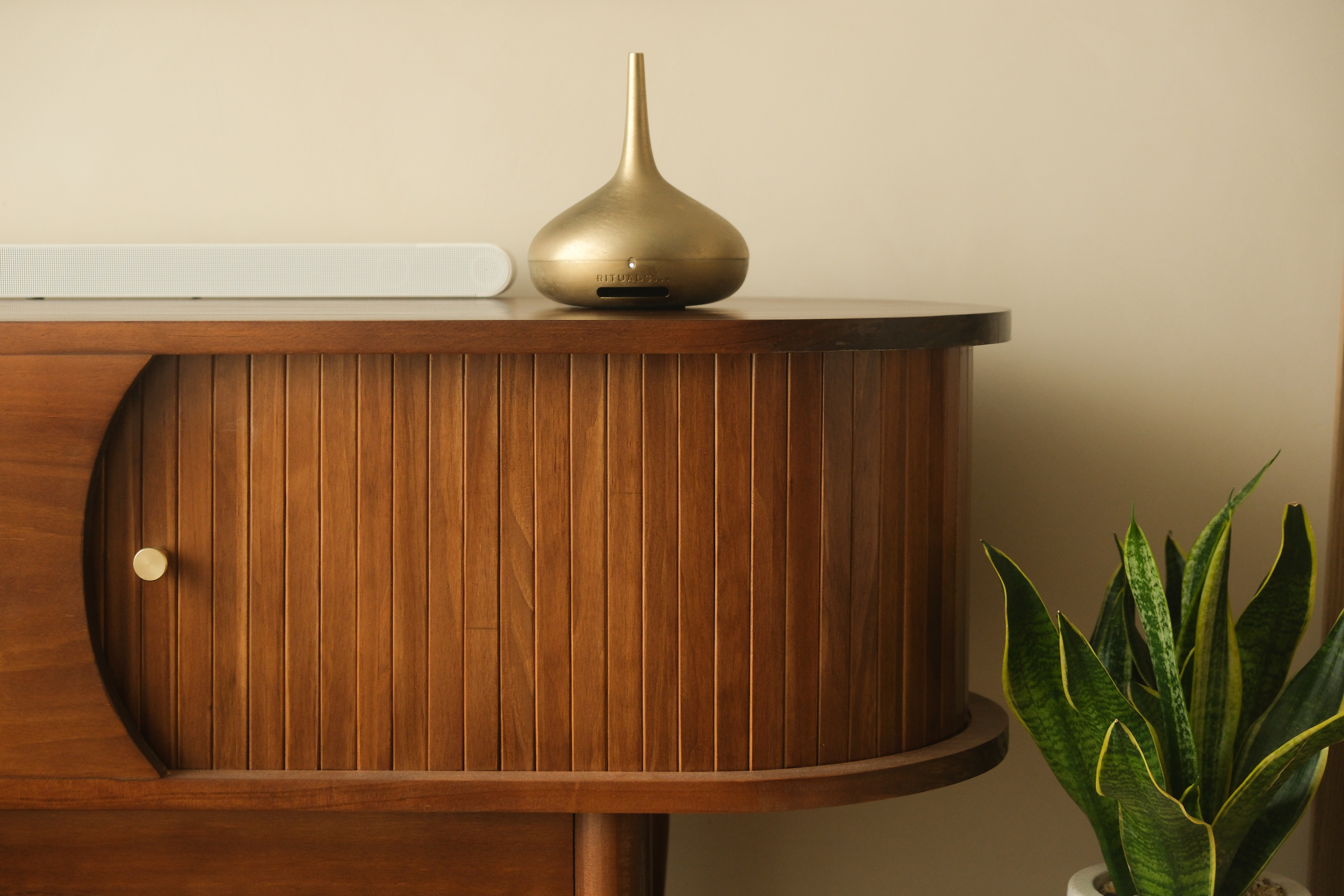 Minimalist Japandi Elegance. Warm tones and natural light.  - Golden, modern, wooden, cabinet, vertical slats, warm lighting