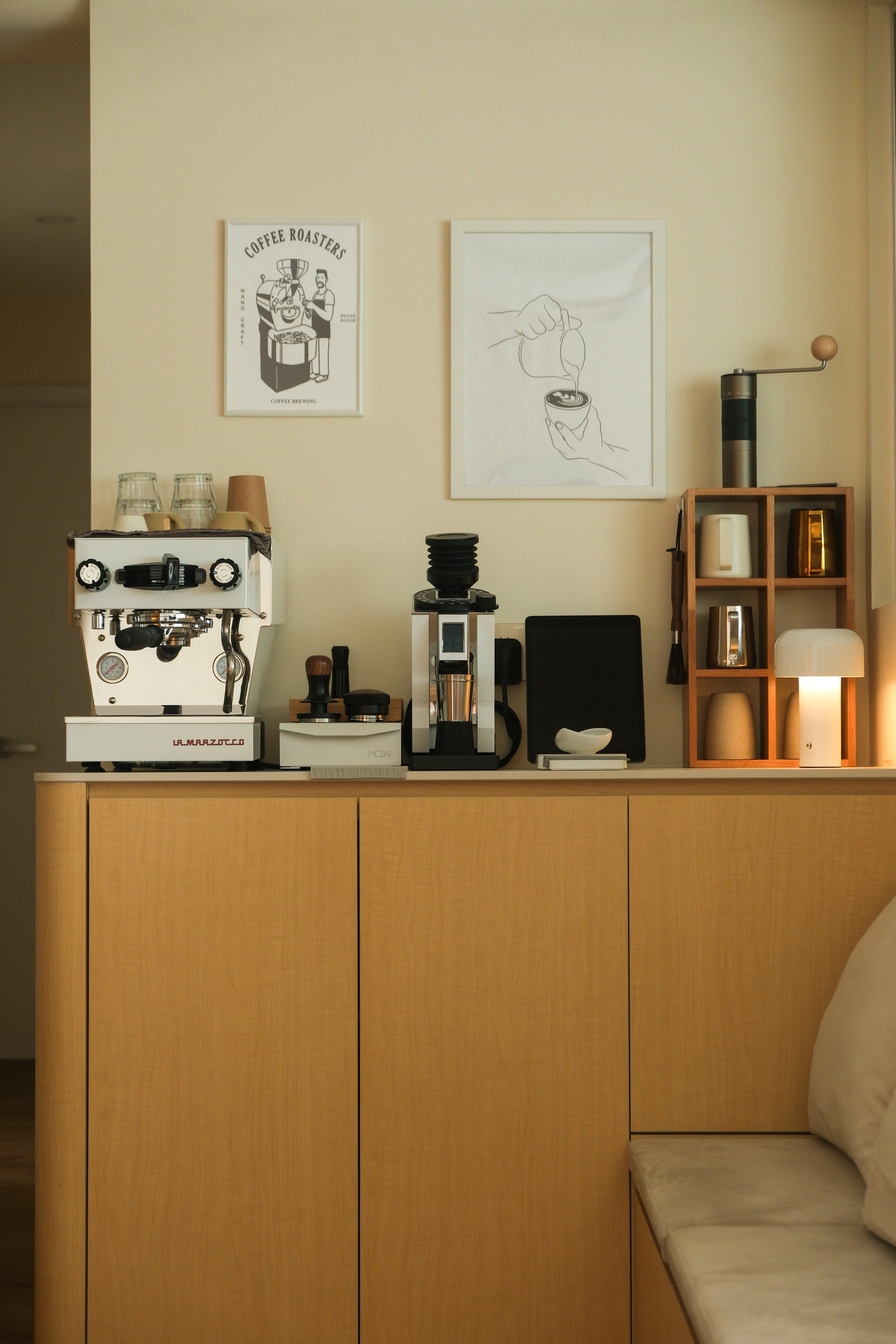 Minimalist Japandi Elegance. Warm tones and natural light.  - Modern coffee bar, minimalist decor, espresso machine, black