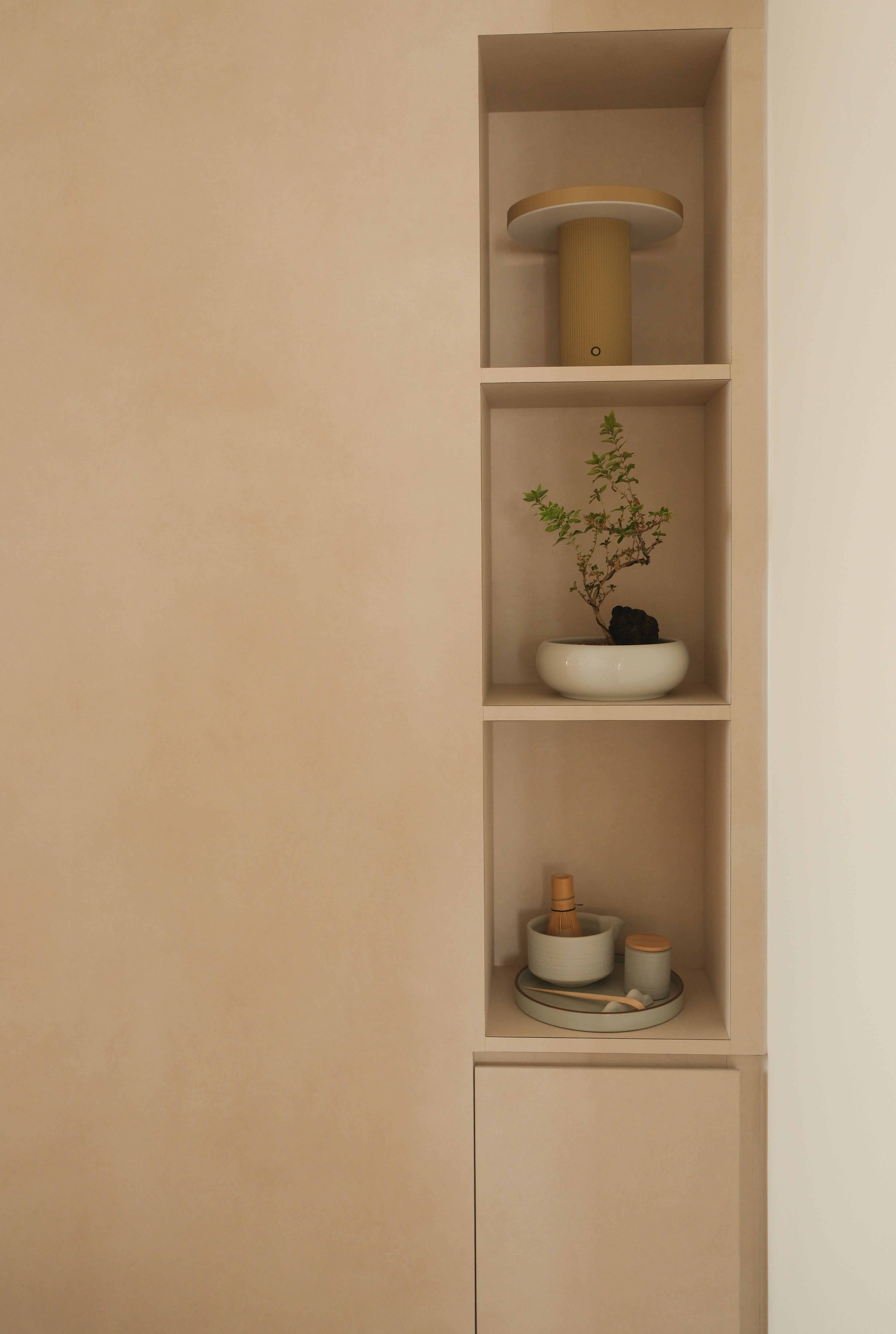 Minimalist Japandi Elegance. Warm tones and natural light.  - Shelf with minimalist decor, beige tones, modern design, indoor