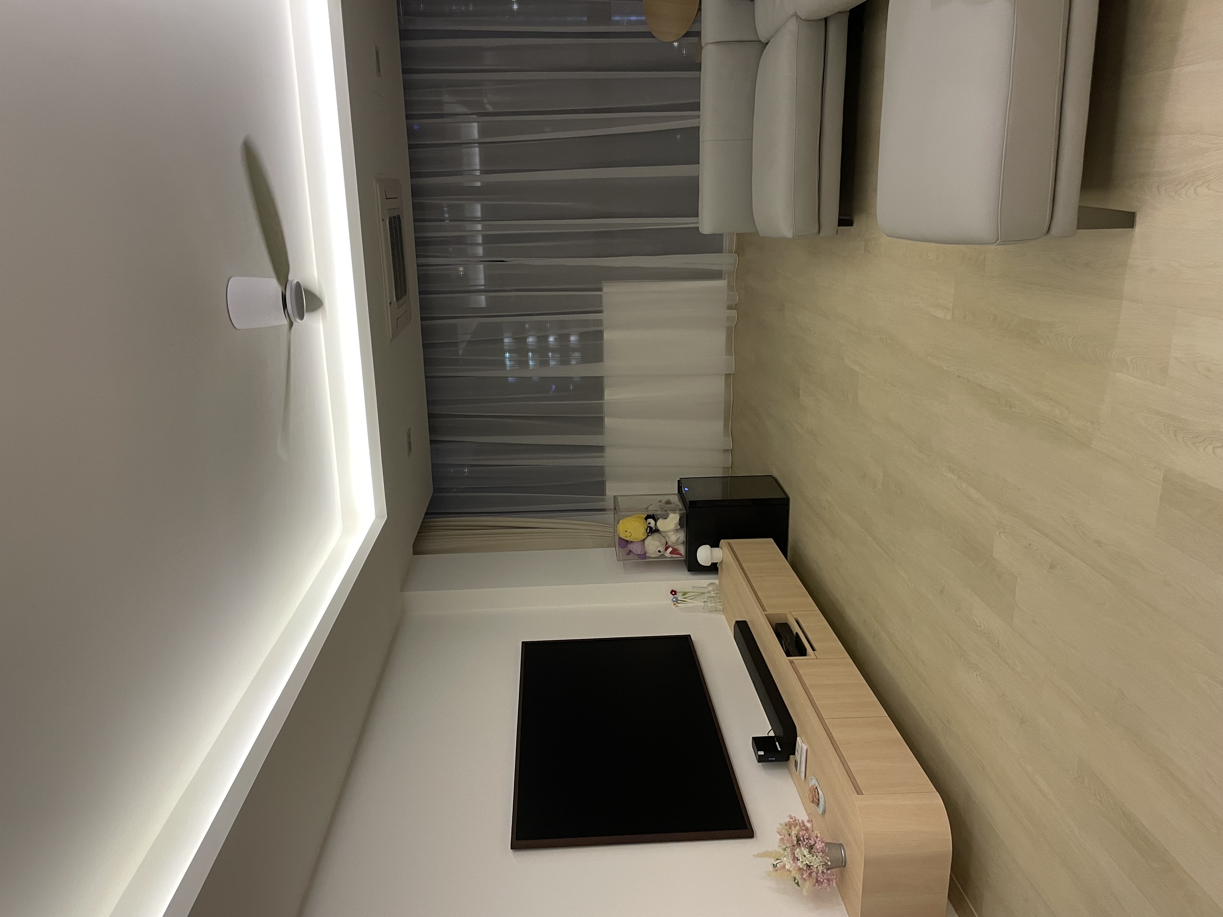 Our Living Room: Calming, Scandi and Airy  - Modern minimalist living room, sleek entertainment unit, floating shelf, soft