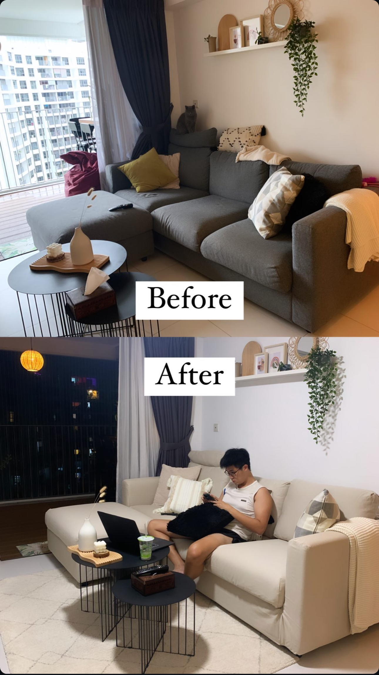 Before & After: Our Living Room During Different Eras Of Our Lives - Modern living room, cozy seating, gray sofa, decorative