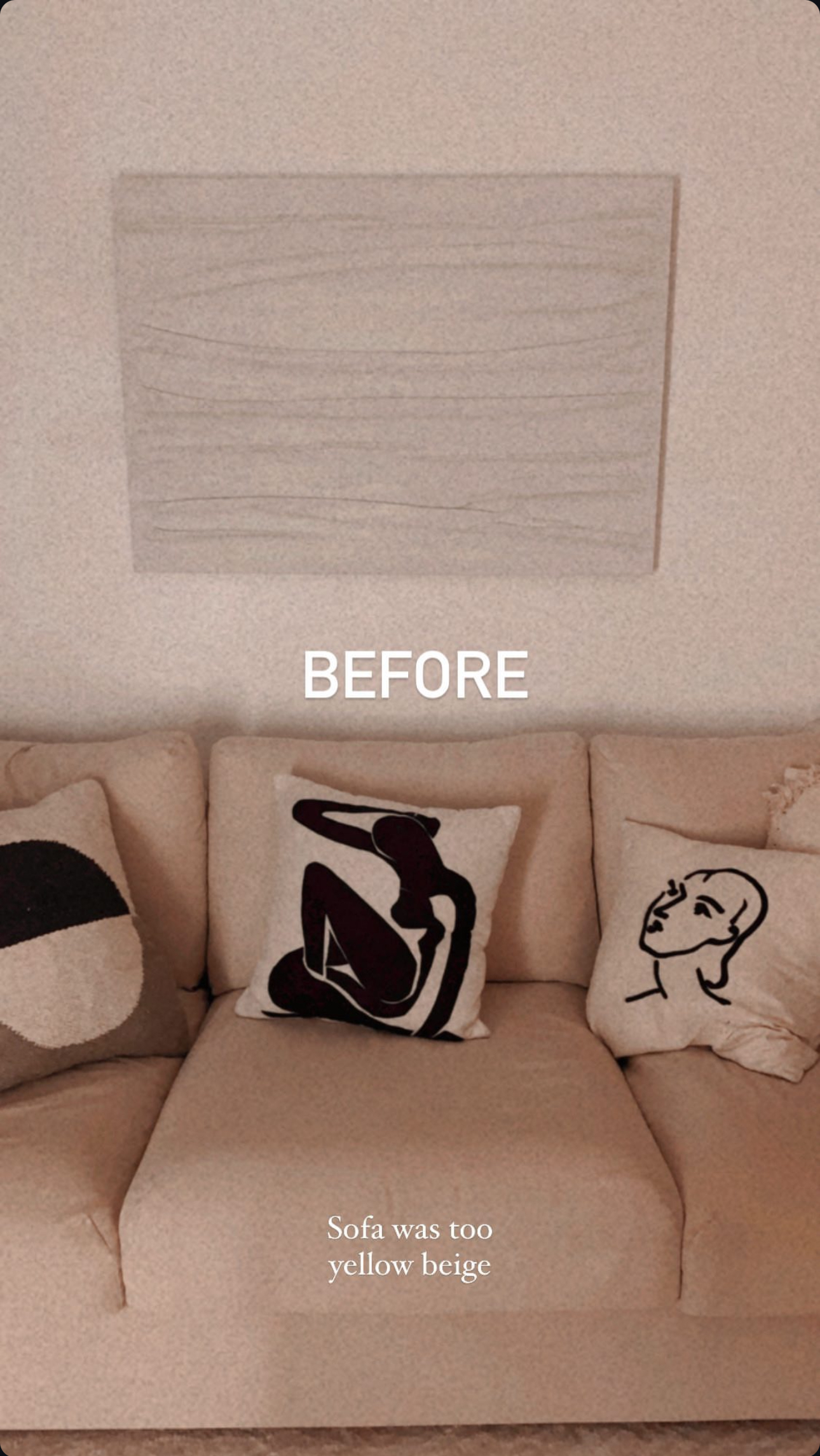 Before & After: Our Living Room During Different Eras Of Our Lives - Sofa, beige, cushions, abstract designs, minimalist
