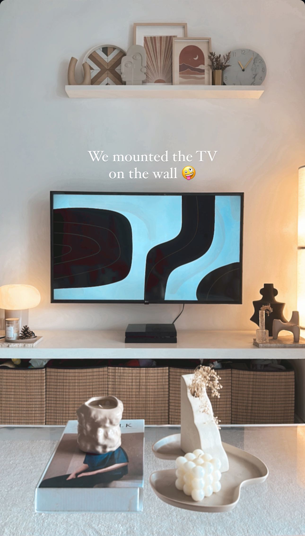 Before & After: Our Living Room During Different Eras Of Our Lives - Modern minimalist decor, abstract art, wall-mounted TV