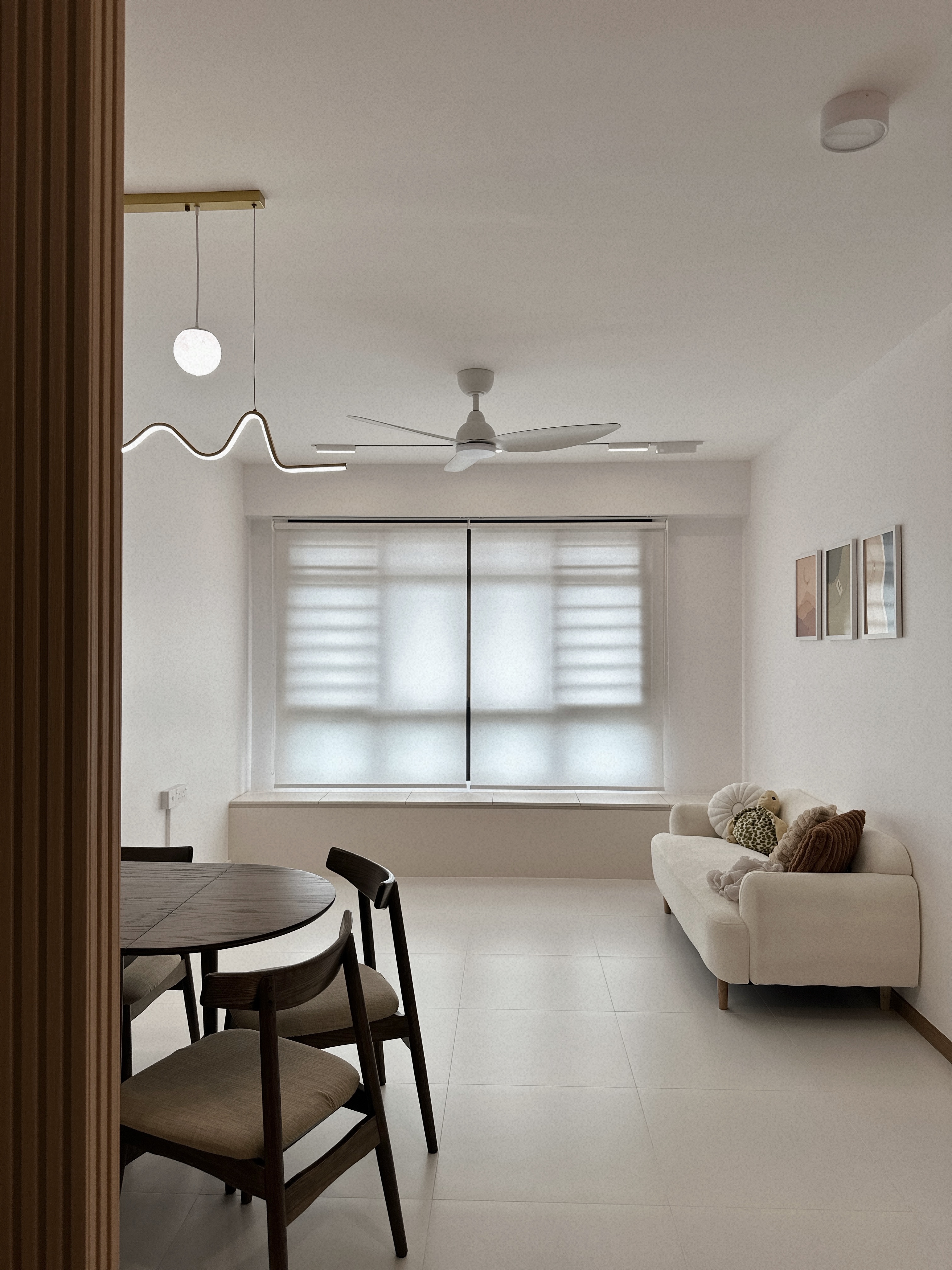 Our Cosy Minimalist Living Room: Where Endless Possibilities Unfold - Modern minimalist dining room, sleek ceiling fan, large