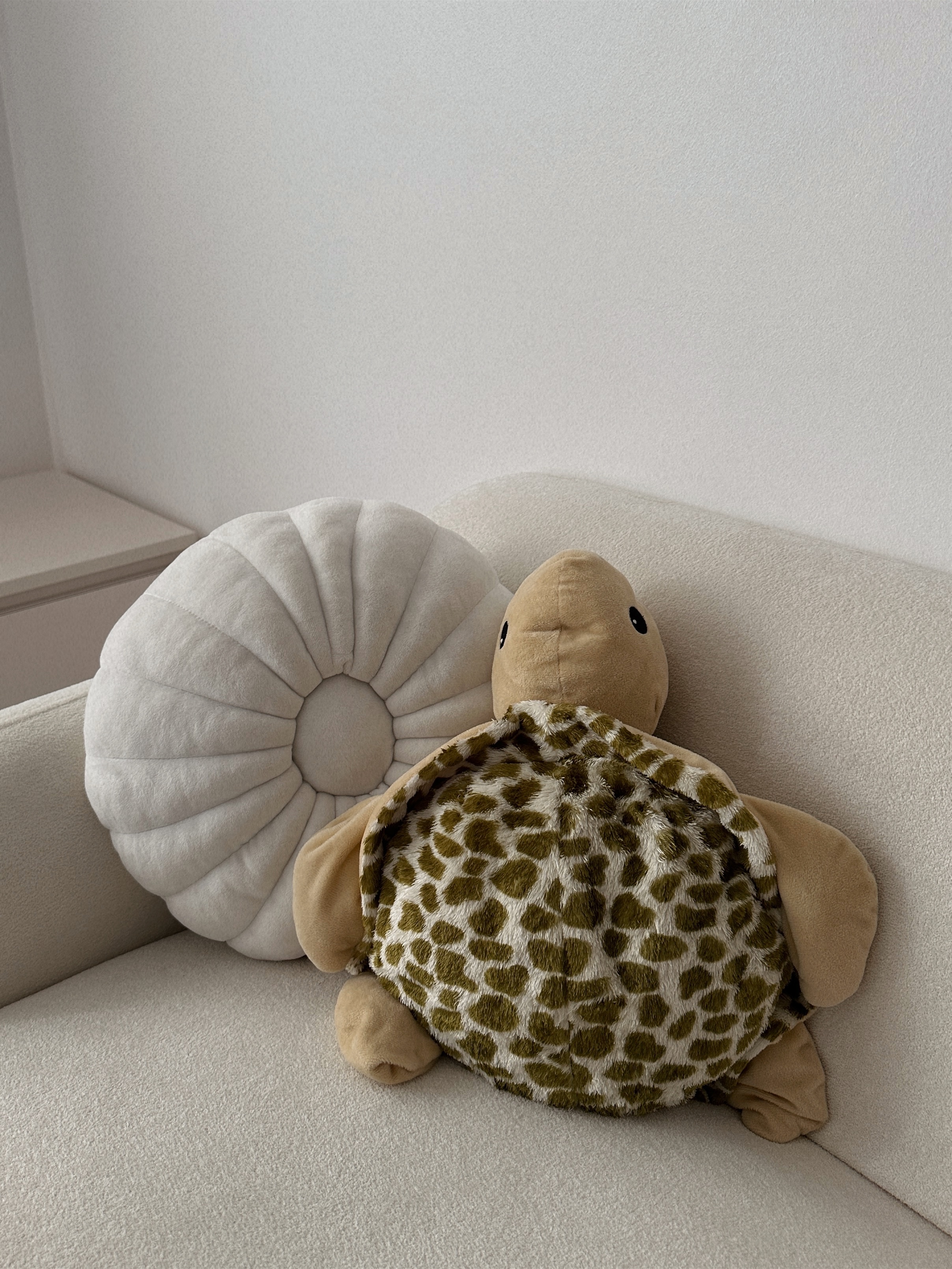 Our Cosy Minimalist Living Room: Where Endless Possibilities Unfold - Soft, plush turtle toy, beige and green patterned
