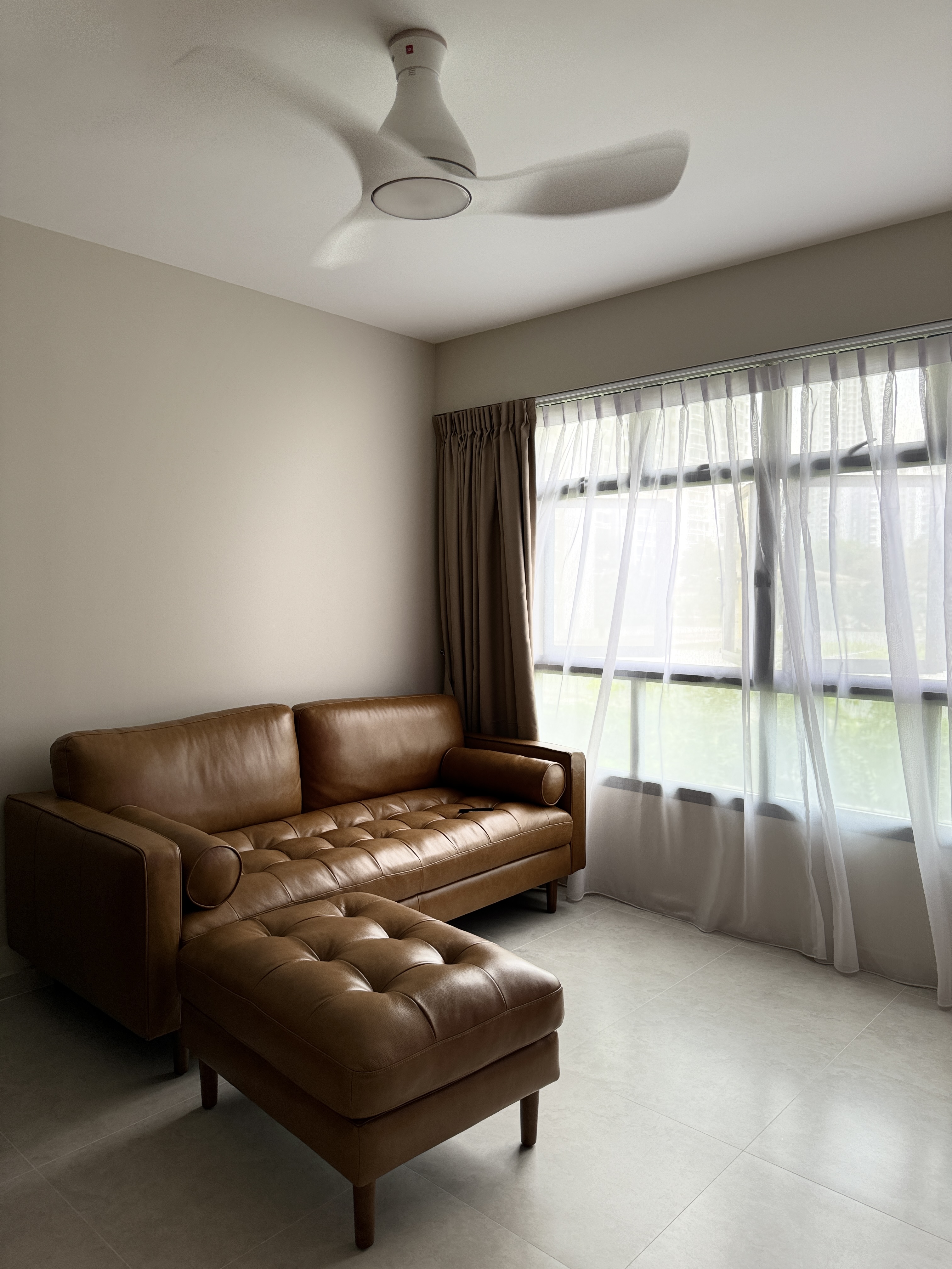 Japandi x Scandi fusion 4-room BTO - Leather sofa, brown leather, modern living room, beige walls, large window, sheer